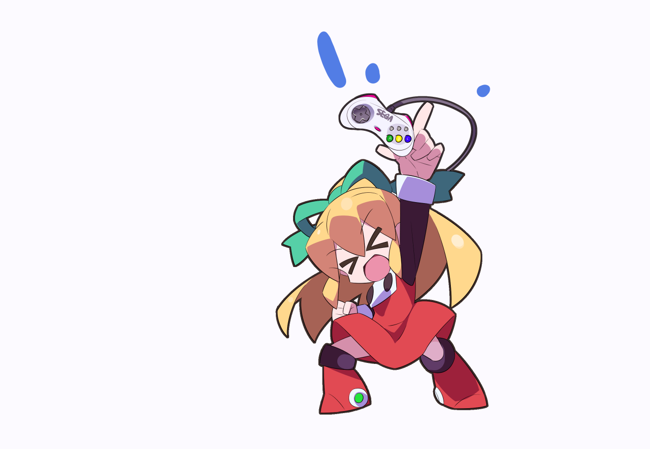 kaidou zx, roll (mega man), mega man: powered up, mega man (classic), mega man (series), commentary request, > <, 1girl, aiming up, arm up, blonde hair, boots, chibi, closed eyes, controller, dress, full body, green ribbon, hair ribbon, high ponytail, holding, holding controller, long hair, open mouth, outline, ponytail, red boots, red dress, red outline, ribbon, simple background, solo, standing, weapon, white background
