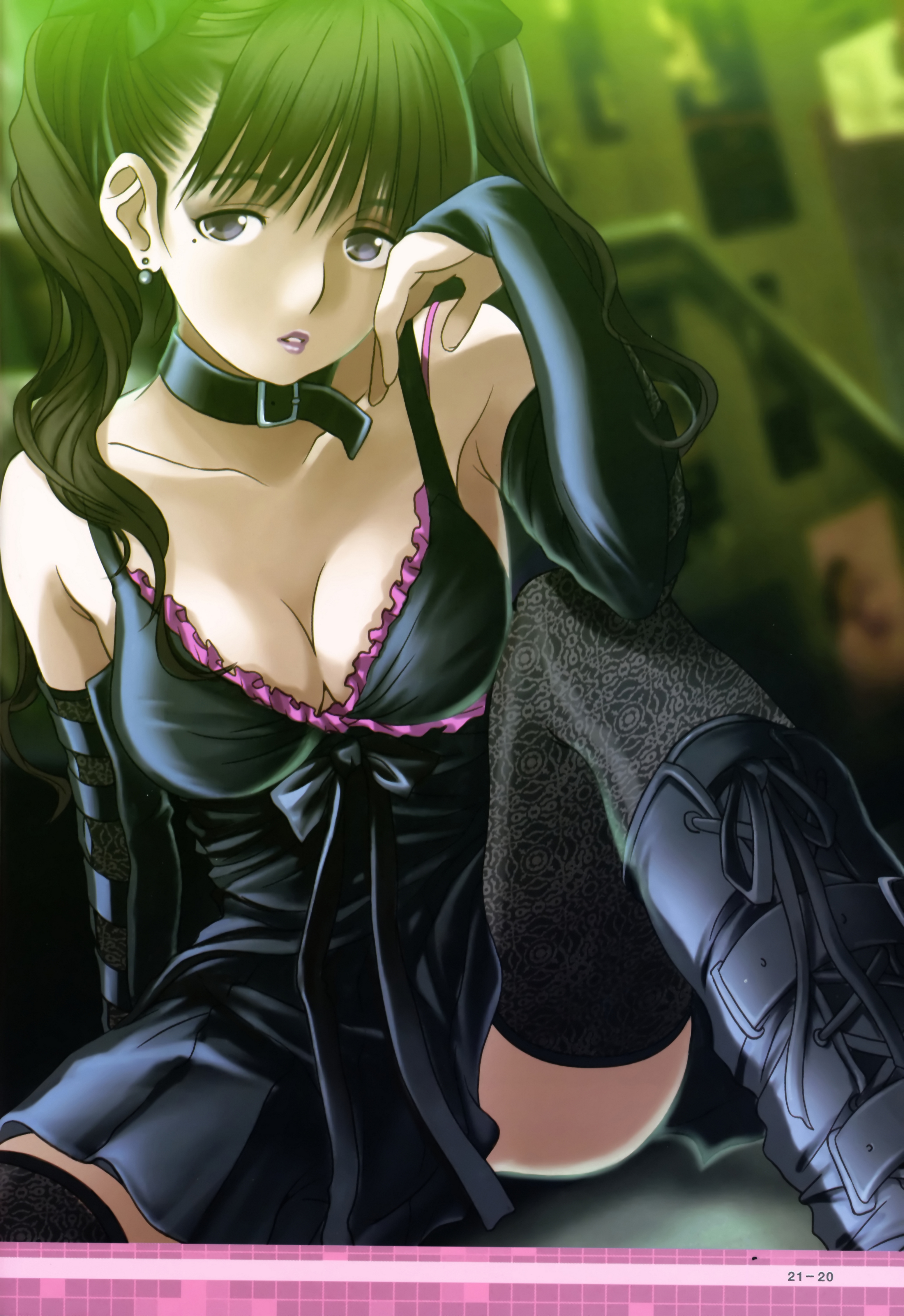 mino tarou, anegasaki nene, love plus, absurdres, highres, official art, 1girl, boots, collar, dress, female focus, goth fashion, mole, mole under eye, solo, thighhighs