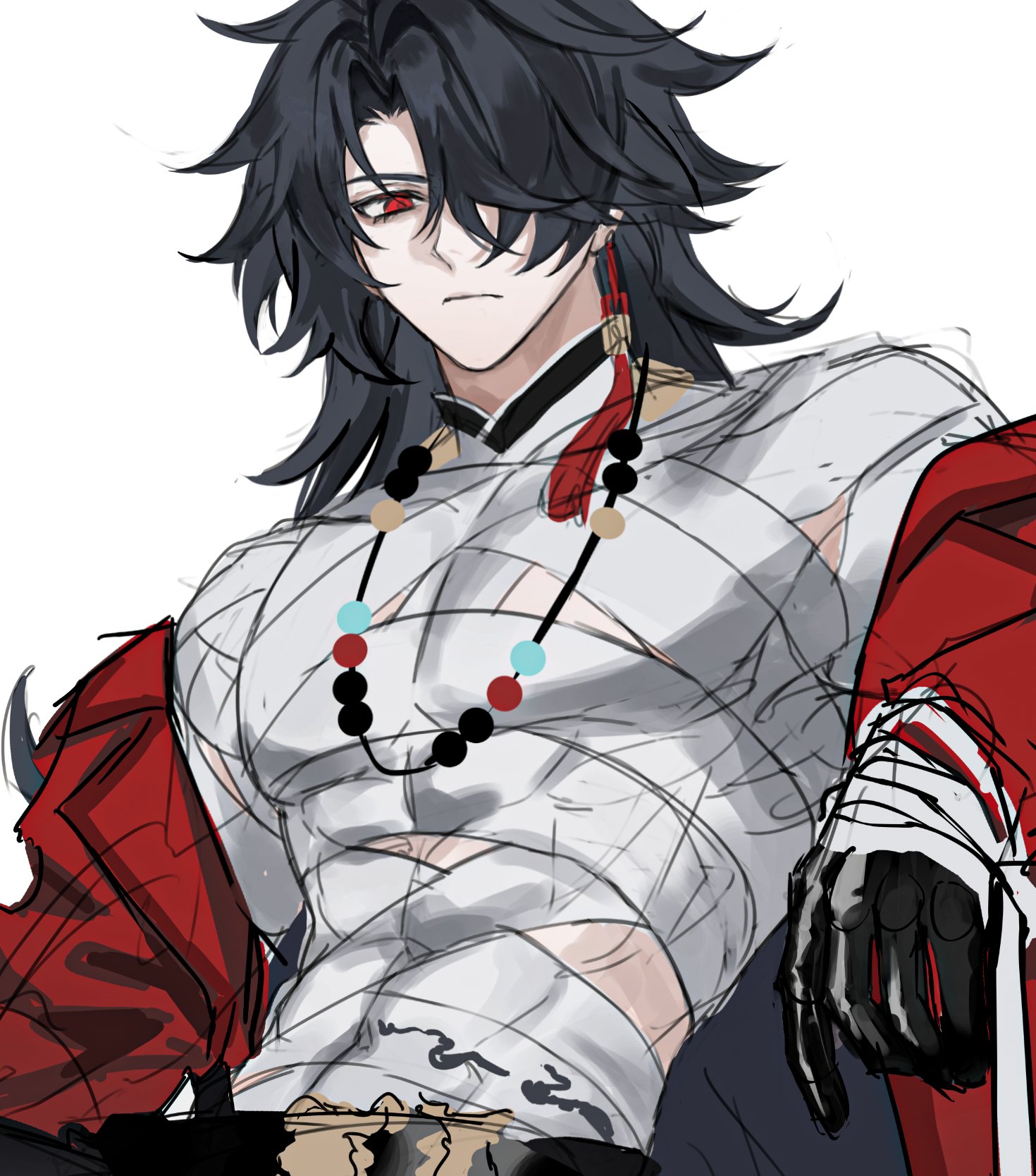 ra gi ren, blade (honkai: star rail), honkai: star rail, honkai (series), commentary request, highres, korean commentary, 1boy, abs, bandaged chest, bandaged torso, beads, black hair, blade (elation) (honkai: star rail), double-parted bangs, earrings, gloves, hair over one eye, jacket, jewelry, long hair, necklace, off shoulder, red eyes, single earring, tassel, toned, toned male