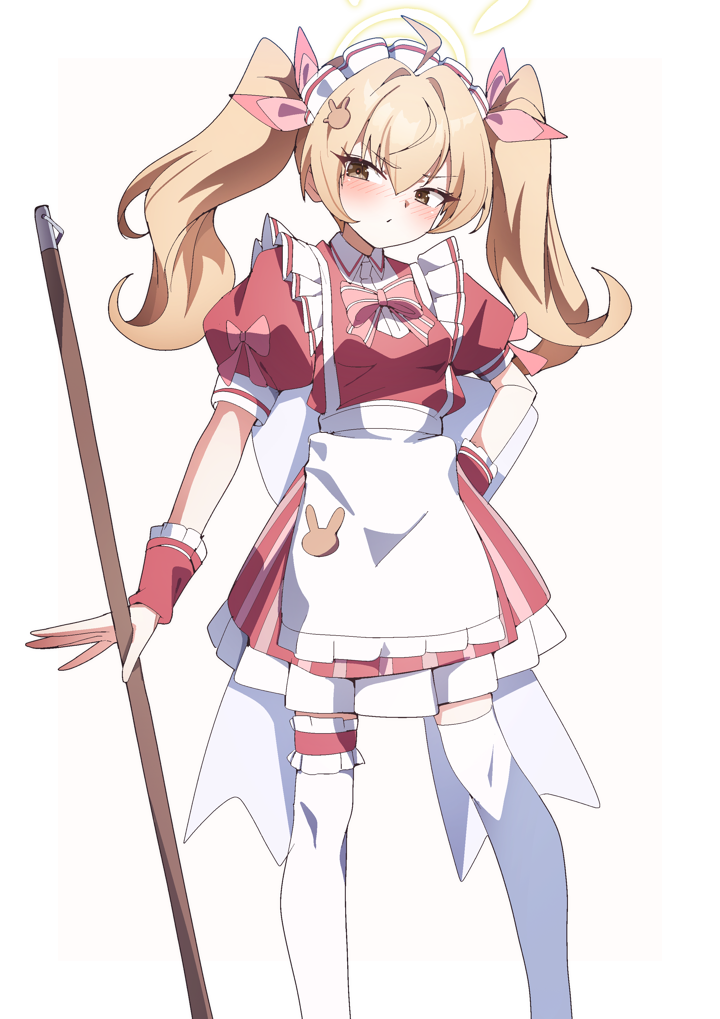 to (tototo tk), yoshimi (blue archive), blue archive, absurdres, commentary, highres, 1girl, alternate costume, apron, blonde hair, blush, bow, closed mouth, dress, hair between eyes, halo, holding, holding mop, maid, maid apron, maid headdress, mop, pink bow, pink dress, puffy short sleeves, puffy sleeves, short sleeves, solo, thighhighs, twintails, white thighhighs, yellow eyes, yellow halo, zettai ryouiki