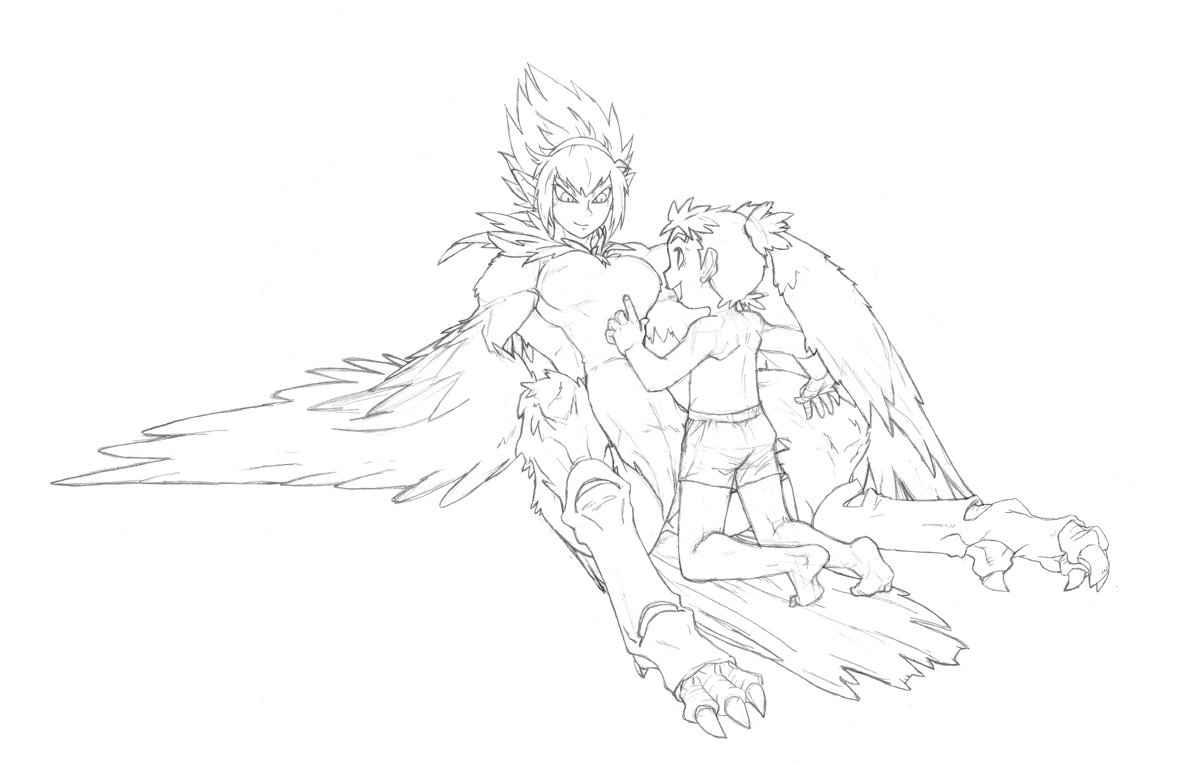 jubei (artist), anna (legendz), harpy (legendz), legendz, tagme, 00s, 1boy, 1girl, age difference, barefoot, breasts, eye contact, harpy, hetero, imminent penetration, interspecies, kneeling, large breasts, looking at another, monochrome, monster girl, pointy ears, short hair, shota, shuzo matsutani, simple background, sketch, white background