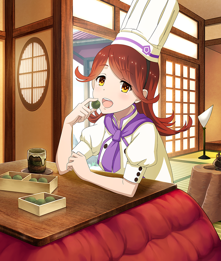 toji no miko, toji no miko: kizamishi issen no tomoshibi, food request, game cg, official art, third-party source, 1girl, arm on table, black hairband, buttons, chef hat, day, dot nose, double-breasted, eating, elbow on table, food, hairband, hat, holding, holding food, indoors, jar, kotatsu, long hair, looking at viewer, neckerchief, on floor, open mouth, orange eyes, orange pupils, patissier, purple neckerchief, red hair, saucer, shirt, short sleeves, shouji, sitting, sliding doors, smile, solo, table, tatami, teeth, under kotatsu, under table, upper teeth only, uruga nao, white hat, white shirt