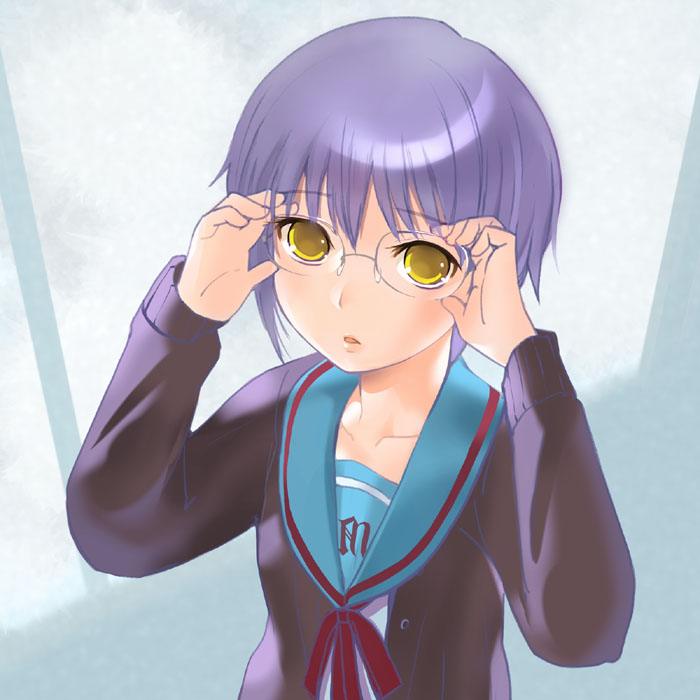robina, nagato yuki, suzumiya haruhi no shoushitsu, suzumiya haruhi no yuuutsu, 10s, glasses, school uniform, serafuku, solo