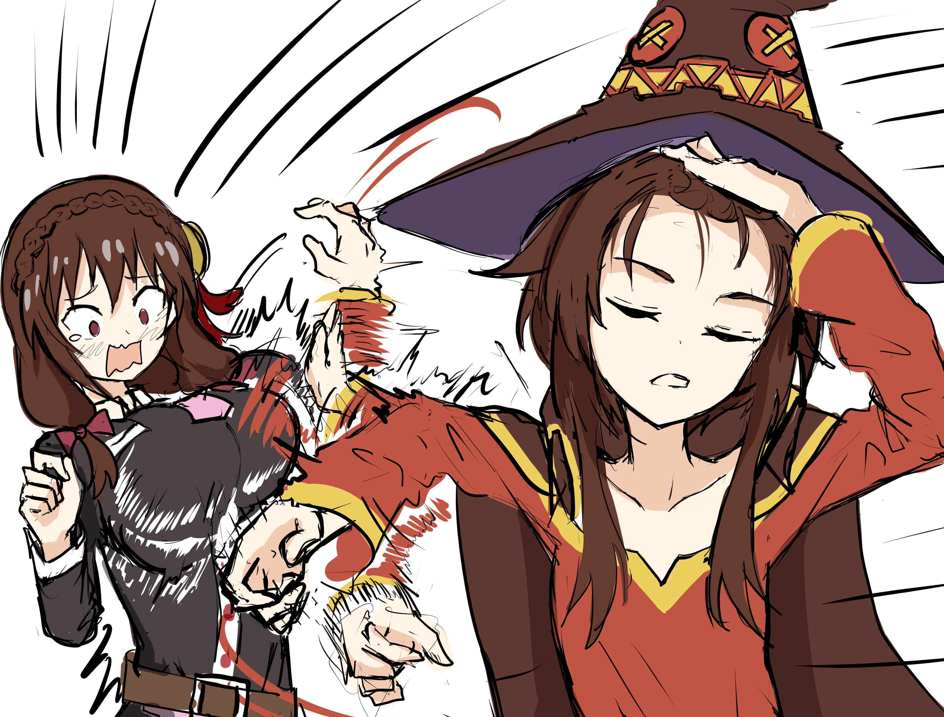 shizaa nyaana, megumin, yunyun (konosuba), kono subarashii sekai ni shukufuku wo!, commentary, highres, 2girls, adjusting hair, black hair, blush, bow, braid, breasts, brown hair, crown braid, hair bow, hair slicked back, hand in own hair, hand on own head, hat, large breasts, long hair, meme, multiple girls, naoya hitting choso without looking (meme), necktie, open mouth, parody, pink necktie, red prison magic school uniform, scene reference, school uniform, short hair with long locks, slapping breasts, smear frame, witch hat