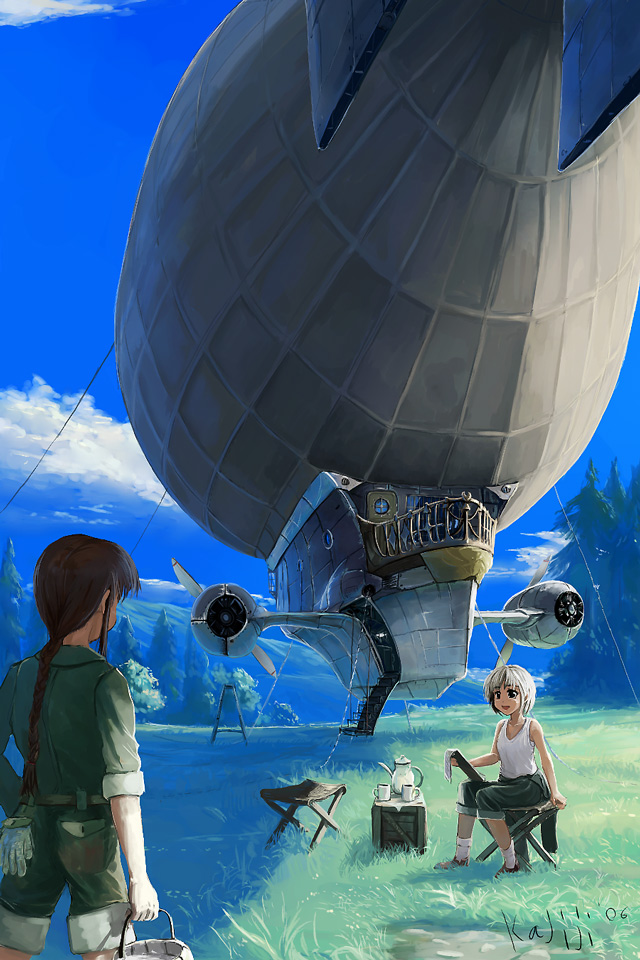 kajiji, original, 1boy, 1girl, aircraft, blonde hair, braid, brown hair, dirigible, flying, long hair, ponytail, scenery, short hair, single braid
