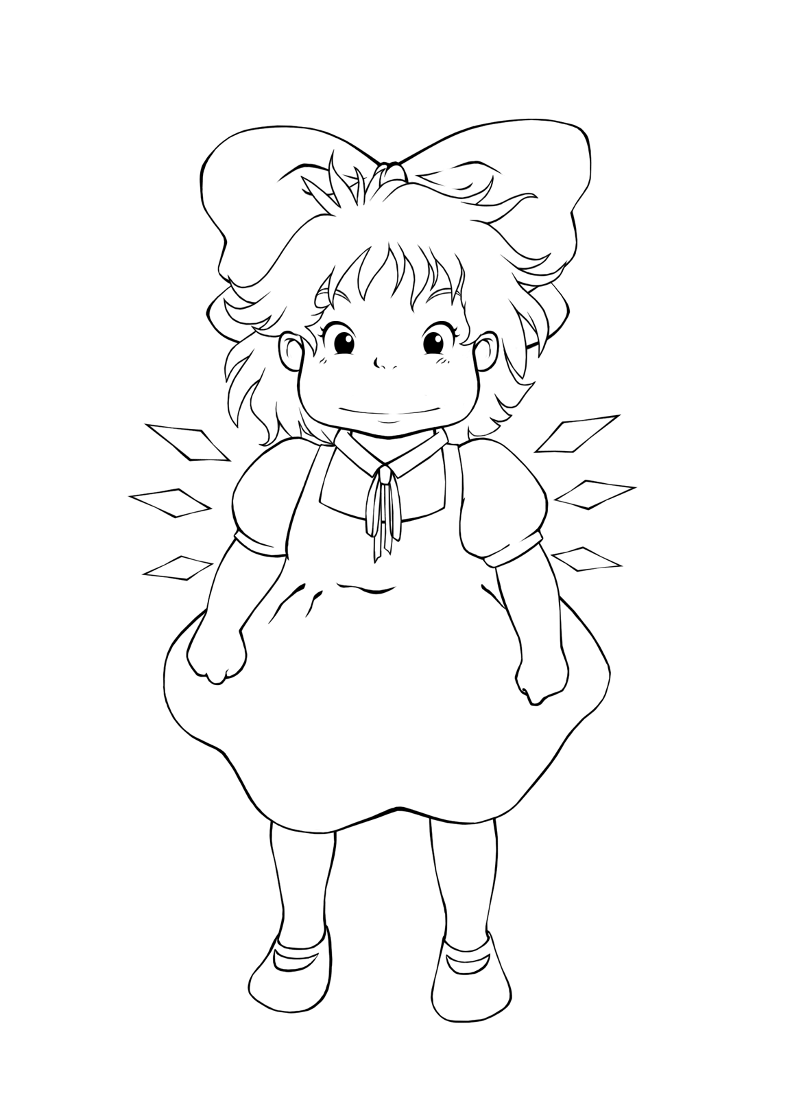 cirno, ponyo, gake no ue no ponyo, studio ghibli, touhou, highres, child, collared shirt, dress, greyscale, lineart, monochrome, parody, pinafore dress, shirt, sleeveless dress, solo