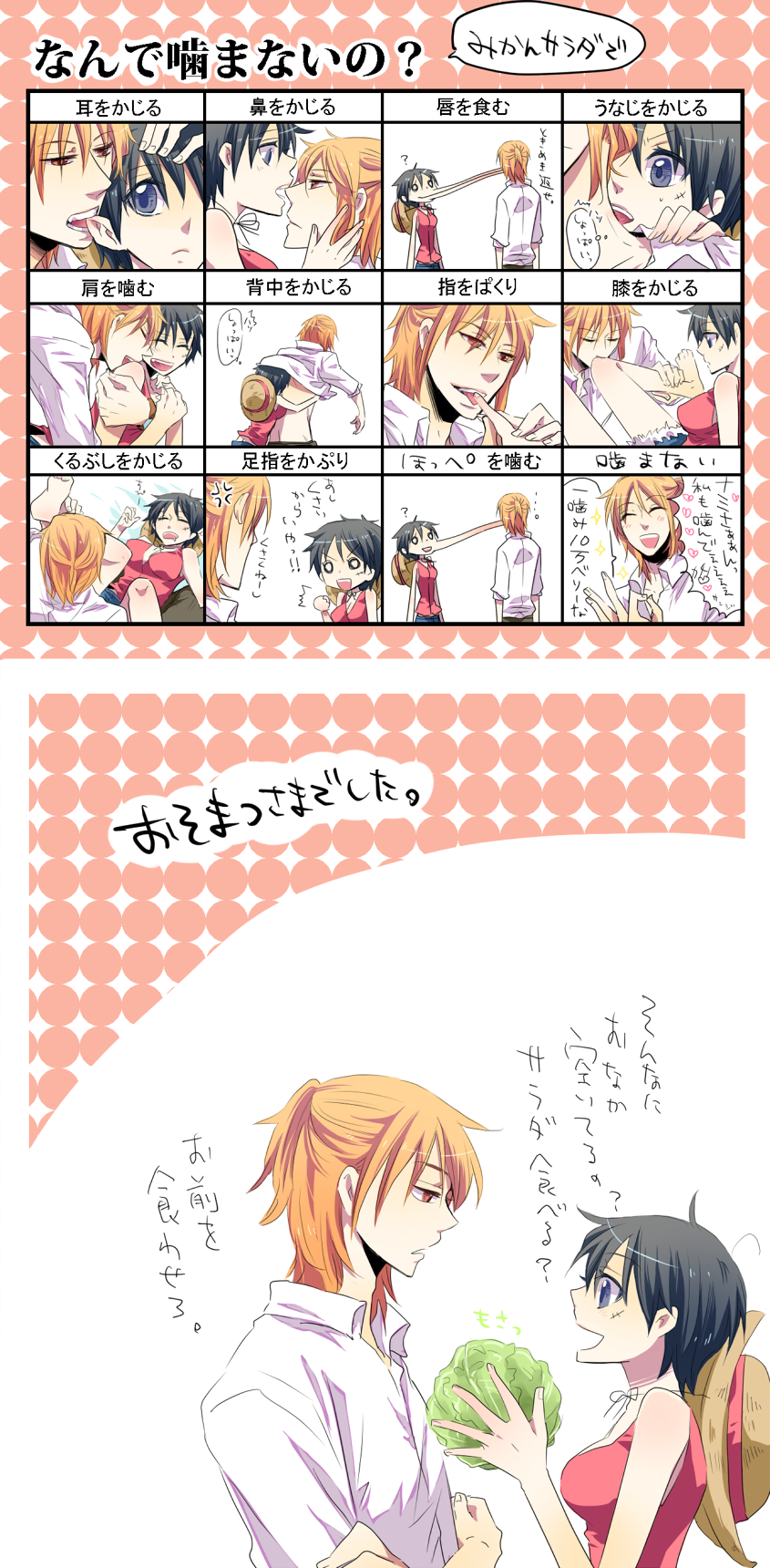 komo (shikabane-n), luffyko, monkey d. luffy, nami (one piece), one piece, highres, long image, non-web source, partially translated, tall image, translation request, 1boy, 1girl, biting, genderswap, genderswap (ftm), genderswap (mtf), hat, muscular, scar, simple background, sitting, spread legs, standing