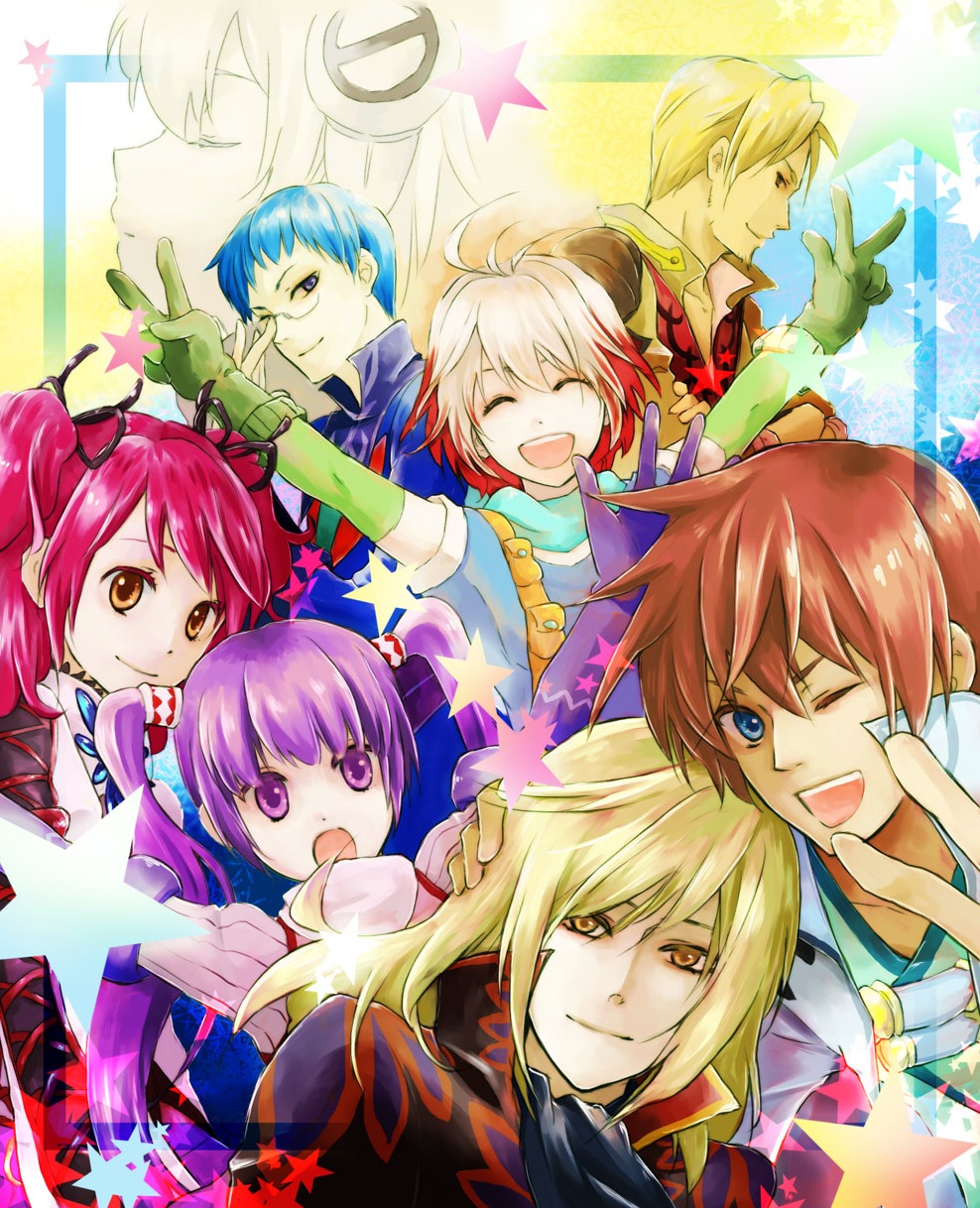 takamizawa takumi, asbel lhant, cheria barnes, hubert ozwell, lambda, lambda (tales), malik caesars, pascal (tales), richard (tales), sophie (tales), tales of (series), tales of graces, highres, 3girls, 5boys, blonde hair, blue eyes, blue hair, brothers, brown eyes, brown hair, glasses, multicolored hair, multiple boys, multiple girls, one eye closed, pink hair, purple eyes, purple hair, red hair, siblings, twintails, two-tone hair, two side up, v, white hair, wink, yellow eyes
