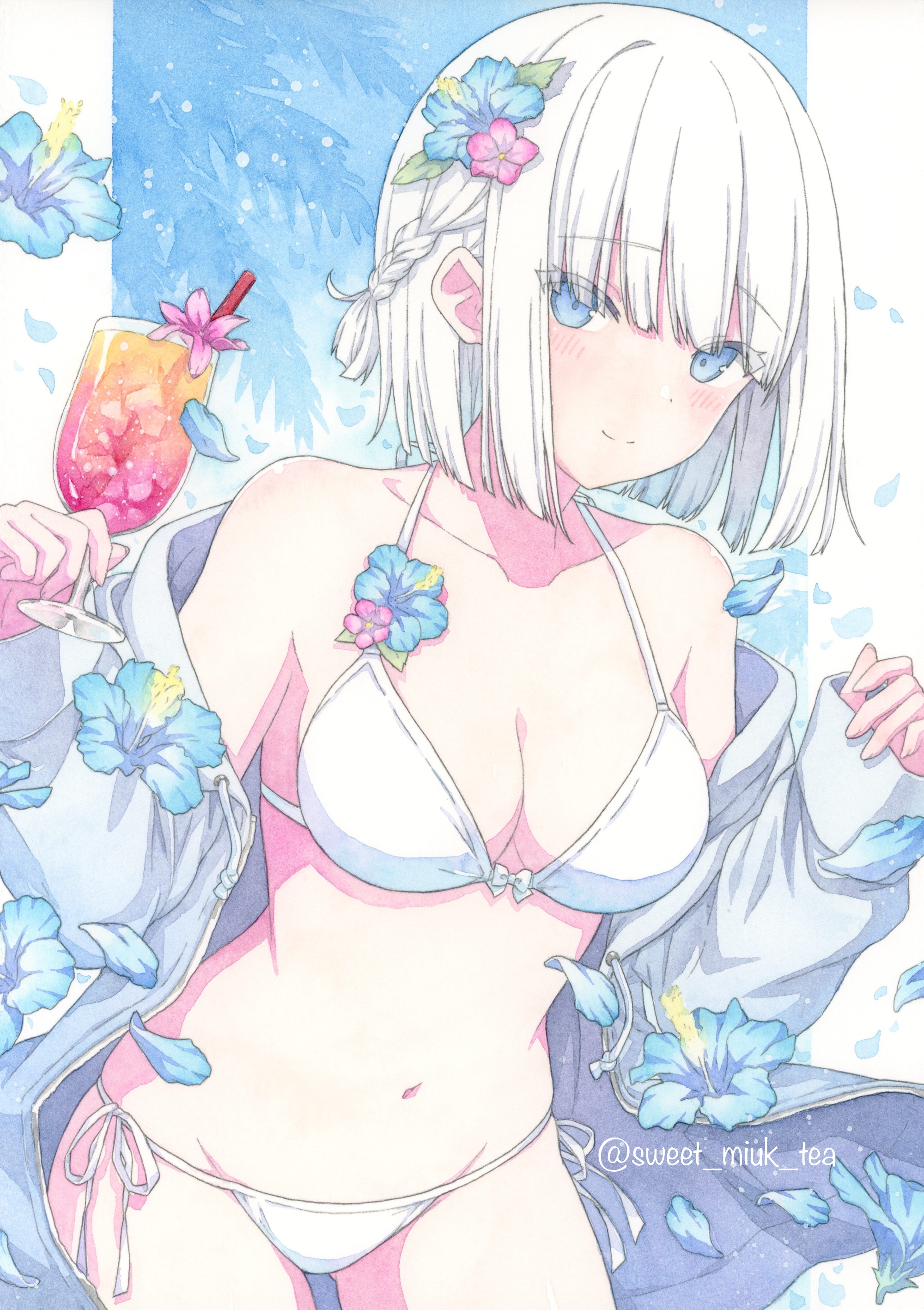 sweet miuk tea, original, absurdres, commentary request, highres, painting (medium), traditional media, watercolor (medium), 1girl, bikini, blue eyes, braid, breasts, cup, drink, flower, holding, holding cup, holding drink, jacket, jacket partially removed, looking at viewer, medium breasts, navel, open clothes, open jacket, petals, side-tie bikini bottom, solo, stomach, swimsuit, twitter username, white bikini, white hair, white jacket