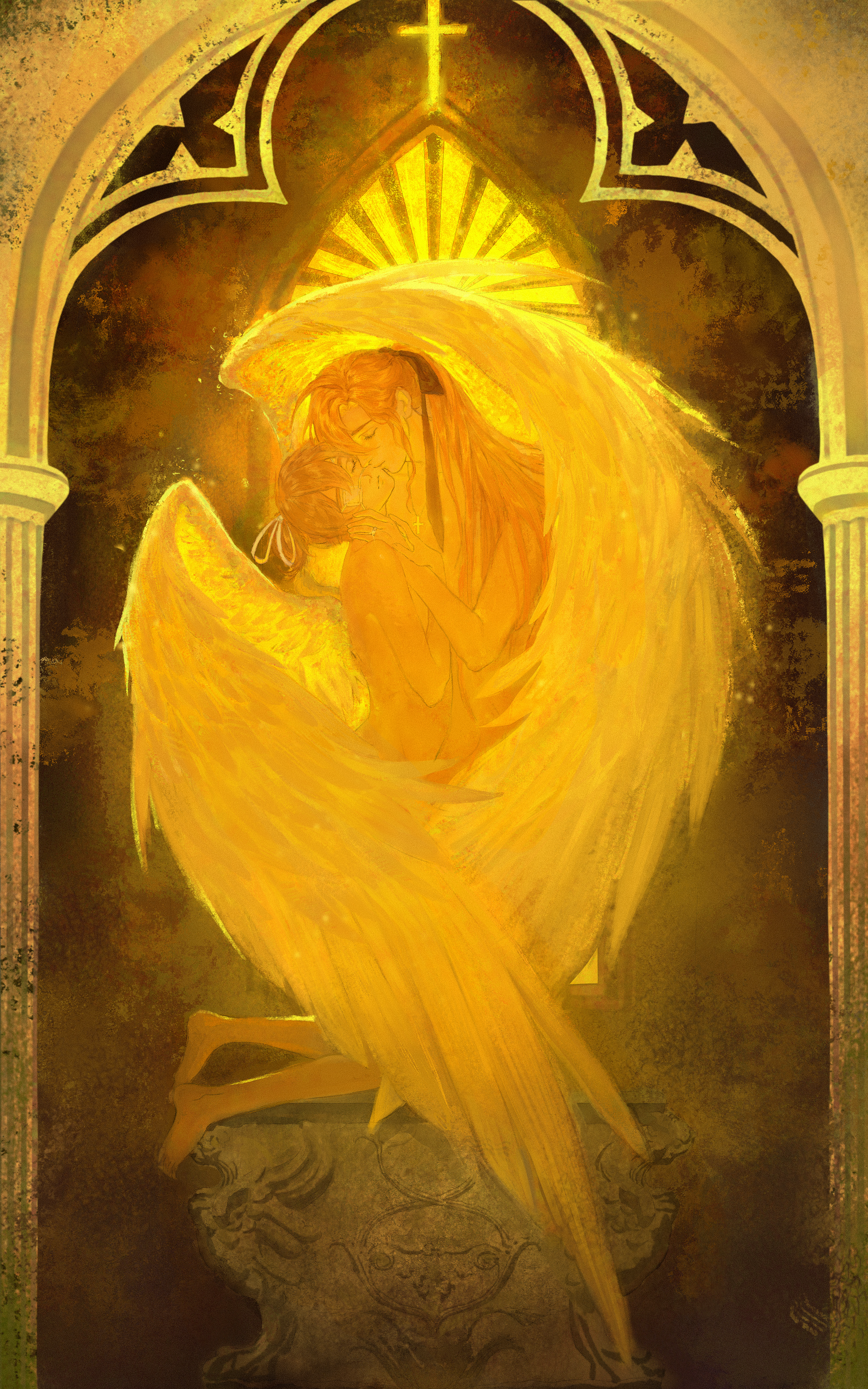 player character (degrees of lewdity), player character (female) (degrees of lewdity), sydney (degrees of lewdity), sydney (male) (degrees of lewdity), degrees of lewdity, the kiss, absurdres, chinese commentary, commentary, commentary request, english commentary, highres, 1boy, 1girl, arch, arched window, black ribbon, blonde hair, border, brown hair, closed eyes, closed mouth, completely nude, conner 1017, couple, cross, cross necklace, expressionless, feathered wings, fine art parody, full body, hair between eyes, hair over one eye, hair ribbon, hand on another's cheek, hand on another's face, head back, head tilt, hetero, jewelry, kiss, kissing cheek, kneeling, latin cross, long hair, necklace, nude, ornate border, painterly, parody, pedestal, ponytail, ribbon, ring, short ponytail, sidelocks, standing, turning head, white ribbon, white wings, window, wing hug, wings