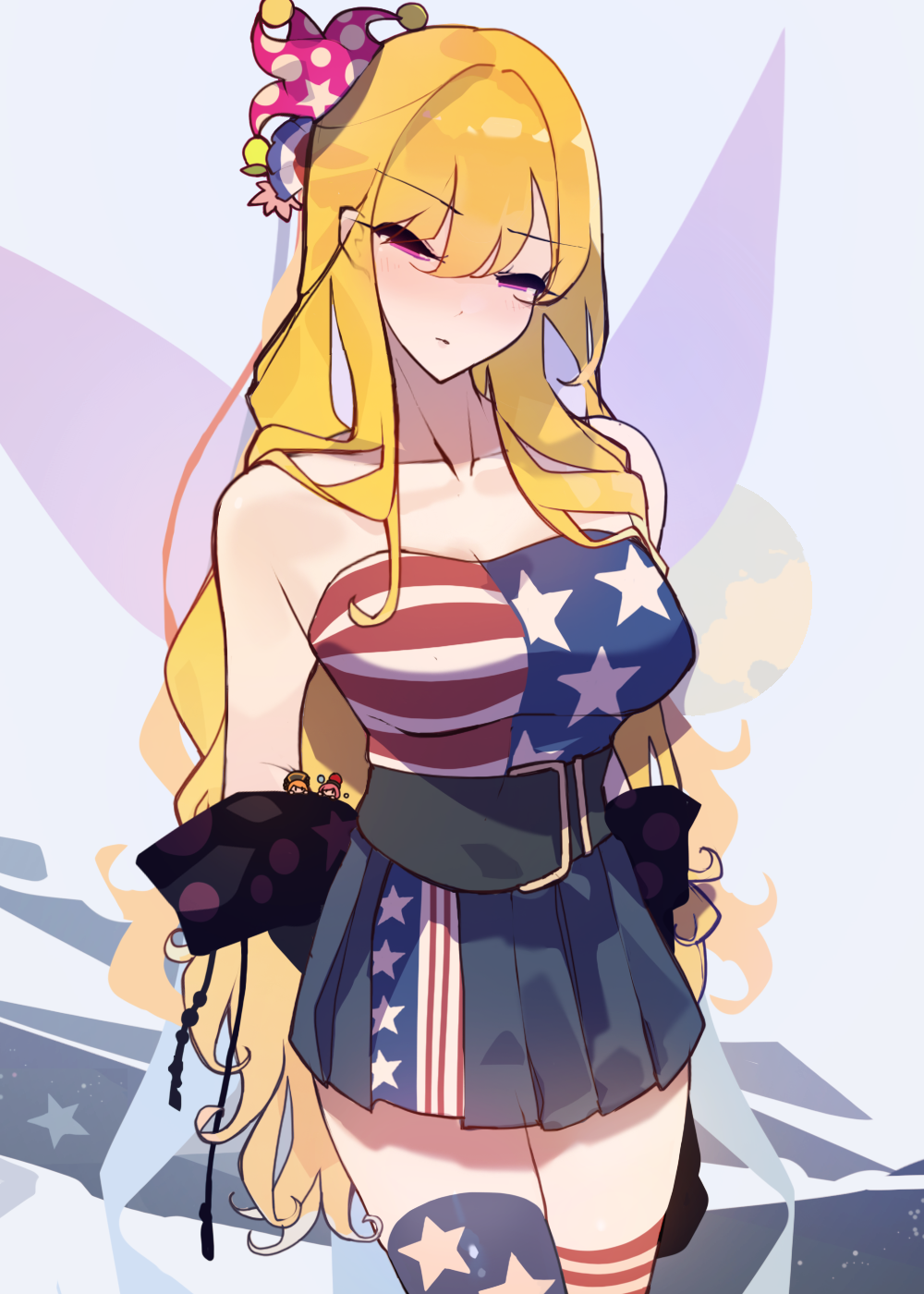 kaliningradg, clownpiece, hecatia lapislazuli, junko (touhou), touhou, commentary, highres, symbol-only commentary, 3girls, adapted costume, aged up, american flag, american flag dress, american flag print, blonde hair, breasts, collarbone, fairy, fairy wings, flag print, hair between eyes, hair over shoulder, hat, long hair, looking at viewer, medium breasts, mini person, mini person in clothes, multiple girls, pink eyes, thighhighs, very long hair, wings, zettai ryouiki