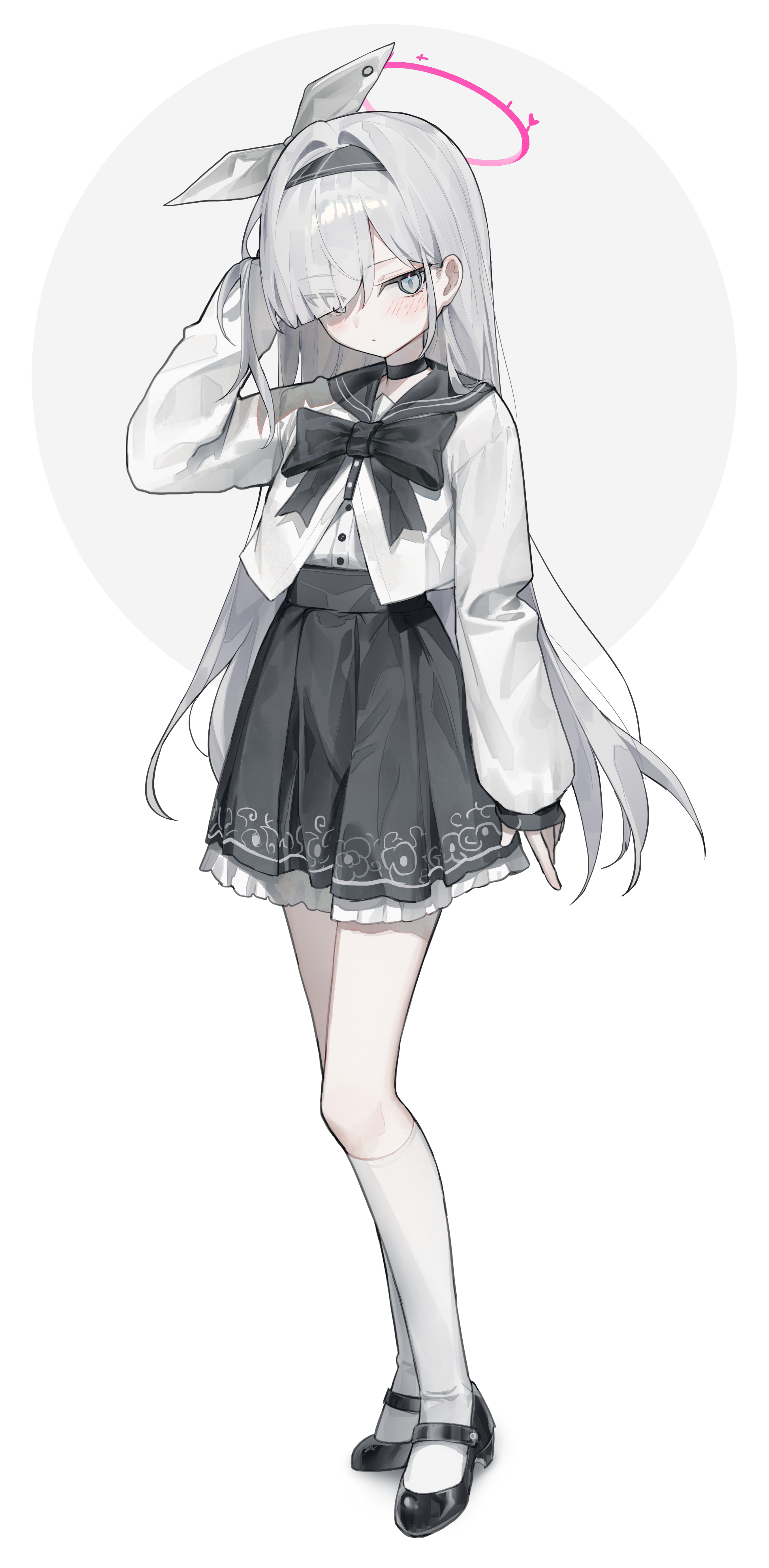 huu (dighapdlxm12), plana (blue archive), blue archive, absurdres, commentary, highres, 1girl, alternate costume, arm at side, black choker, black hairband, black sailor collar, black skirt, choker, closed mouth, expressionless, full body, grey background, grey hair, hairband, hand up, kneehighs, long hair, long sleeves, looking at viewer, sailor collar, shirt, simple background, skirt, socks, solo, standing, two-tone background, very long hair, white background, white shirt, white socks