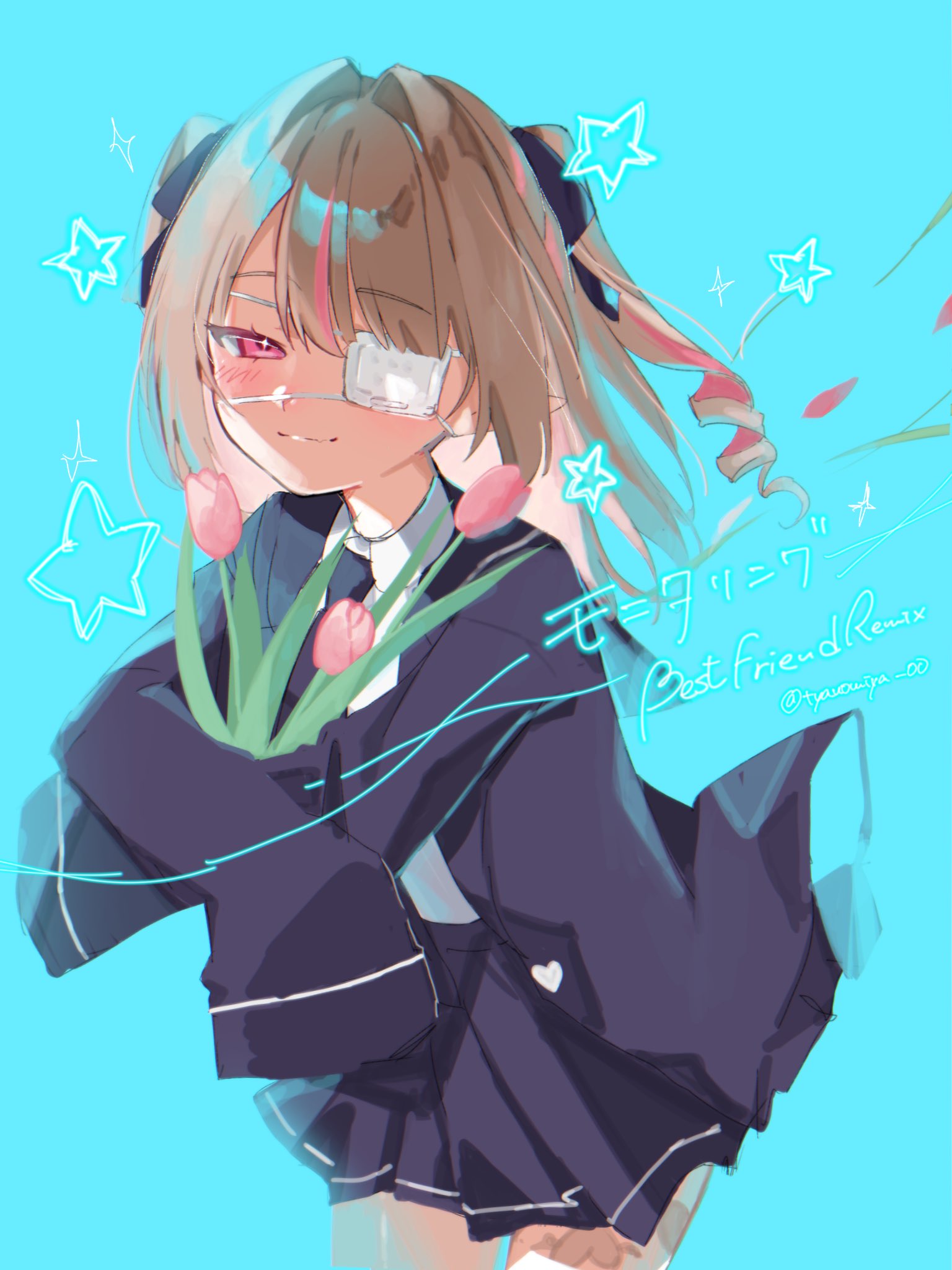 makaino ririmu, monitoring (vocaloid), nijisanji, commentary, highres, symbol-only commentary, 1girl, blazer, blue background, blue jacket, blue necktie, blue ribbon, blue sailor collar, blue skirt, blush, closed mouth, collared shirt, colored inner hair, cowboy shot, crossed arms, drill hair, eyepatch, falling petals, flower, grey hair, hair intakes, hair ribbon, heart, holding, holding flower, jacket, lapels, leg tattoo, long hair, long sleeves, looking at viewer, medical eyepatch, miniskirt, multicolored hair, necktie, notched lapels, official alternate costume, official alternate hairstyle, open clothes, open jacket, petals, pink flower, pink hair, pink streaks, pink tulip, pleated skirt, pointy ears, red eyes, ribbon, sailor collar, school uniform, shirt, shirt tucked in, sidelocks, skirt, sleeves past fingers, sleeves past wrists, smile, solo, sparkle, sparkling eyes, standing, star (symbol), streaked hair, tattoo, tulip, twitter username, two-tone hair, two side up, tyanomiya 00, virtual youtuber, white shirt, wind, winged heart, winged heart tattoo
