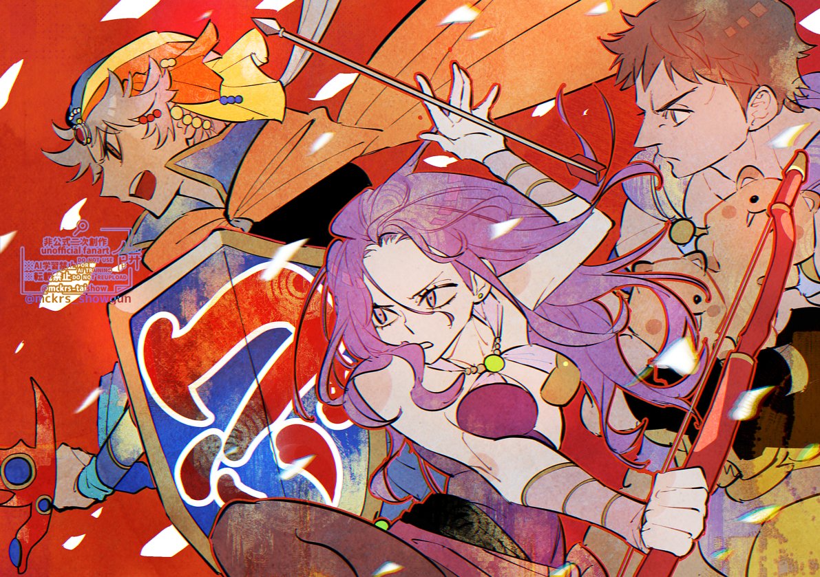 mckrs, firion, guy (ff2), maria (ff2), final fantasy, final fantasy ii, commentary request, 1girl, 2boys, arrow (projectile), bandaged wrist, bandages, bare shoulders, beaver, blue shirt, bow (weapon), breasts, brown eyes, brown hair, brown pantyhose, cape, fighting stance, furrowed brow, grey hair, headscarf, holding, holding arrow, holding bow (weapon), holding shield, holding sword, holding weapon, long hair, medium breasts, midriff, multiple boys, orange cape, pantyhose, parted bangs, parted lips, purple cape, purple hair, red background, shield, shirt, short hair, sword, upper body, weapon