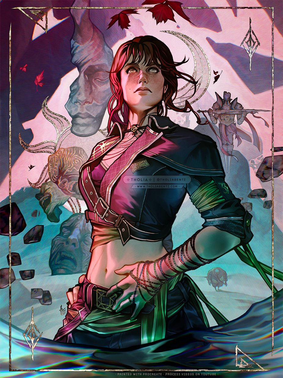 tholia bentz, sciel (clair obscur: expedition 33), clair obscur: expedition 33, commentary, english commentary, highres, procreate (medium), 1girl, artist name, breasts, choker, closed mouth, cow, cropped jacket, hand on own hip, looking up, medium breasts, medium hair, midriff, navel, red hair, scar, scar on face, scar on nose, scar on stomach, solo, twitter username, watermark, web address