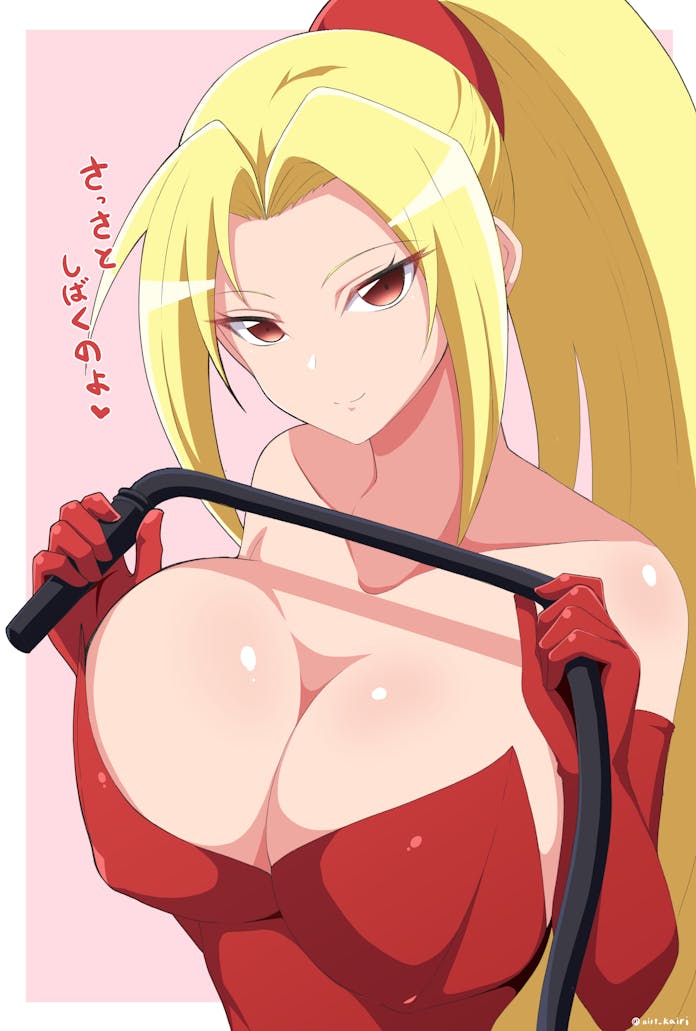 kairi (fotune), shynesslady, star ocean, star ocean: the second story, commentary request, commission, skeb commission, 1girl, bare shoulders, blonde hair, breasts, cleavage, closed mouth, dress, elbow gloves, gloves, holding, holding whip, huge breasts, long hair, looking at viewer, red dress, red gloves, smile, solo, whip