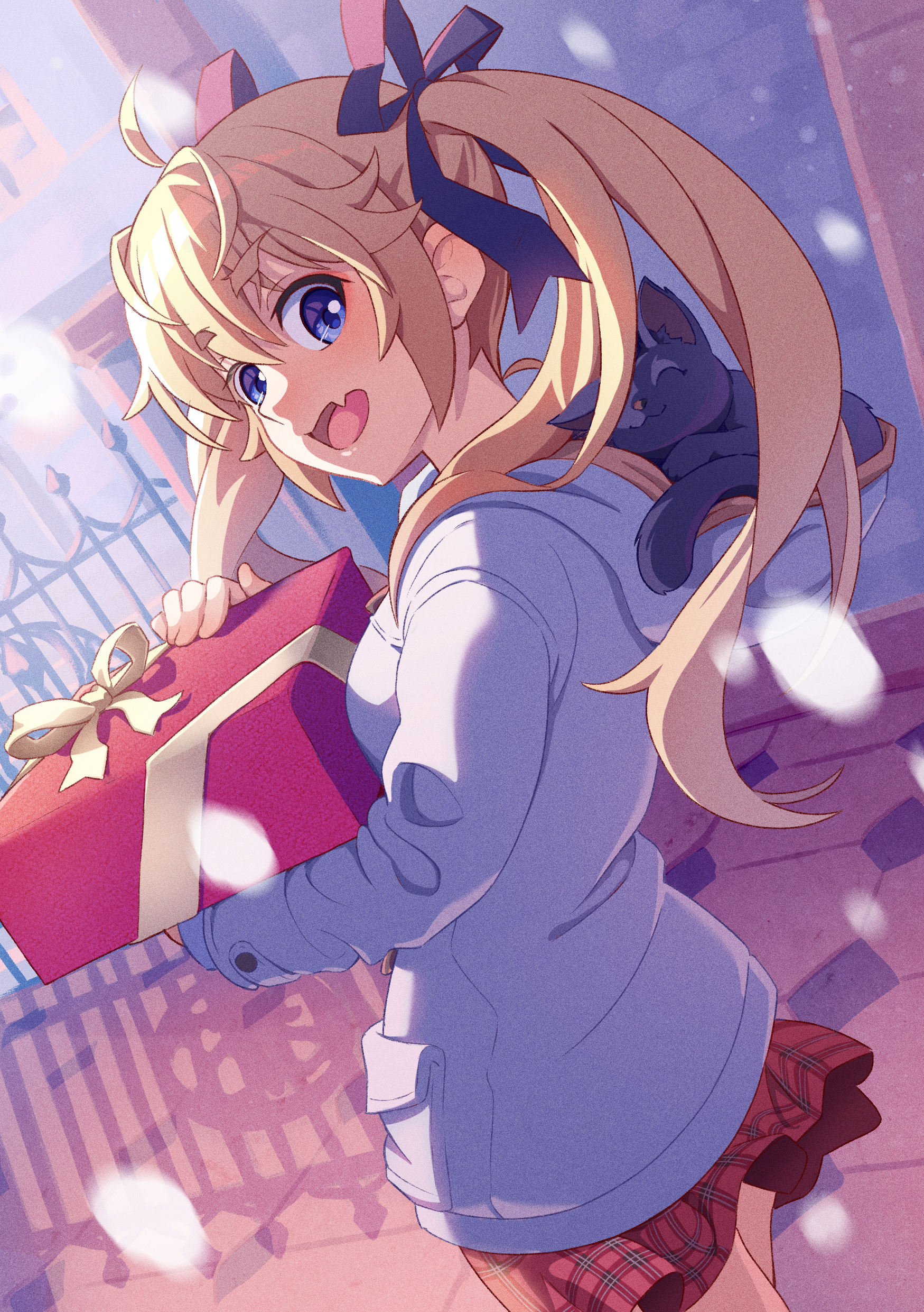 matsushima michiru, nyanmel, grisaia (series), grisaia no kajitsu, absurdres, commentary, english commentary, highres, 1girl, :3, :d, ^ ^, ahoge, birthday, black cat, blonde hair, blue eyes, blush, box, cat, christmas, closed eyes, cowboy shot, day, dutch angle, fang, film grain, floating hair, from side, gift, gift box, hair between eyes, hands up, happy, happy birthday, holding, holding gift, hood, hood down, hooded jacket, jacket, long hair, long sleeves, looking at viewer, miniskirt, open mouth, outdoors, plaid clothes, plaid skirt, red skirt, sidelighting, skin fang, skirt, smile, snowing, solo, tea ramisu, thick eyebrows, twintails, white jacket, winter