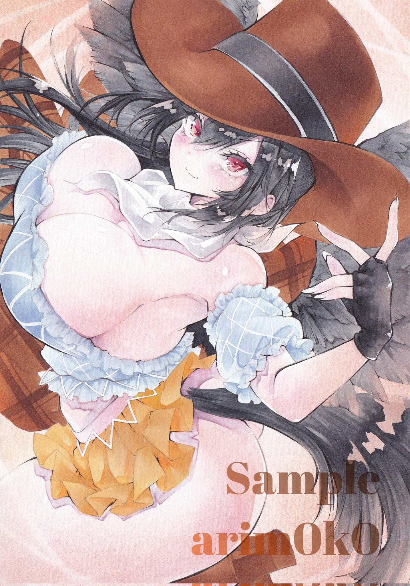 arim0k0, kurokoma saki, touhou, commentary, highres, traditional media, 1girl, armpits, artist name, ass, bare shoulders, black gloves, black hair, black wings, boots, breasts, brown boots, closed mouth, cowboy hat, detached sleeves, fingerless gloves, gloves, hair between eyes, hand up, hat, horse tail, large breasts, long hair, looking at viewer, no panties, off-shoulder shirt, off shoulder, orange skirt, plaid clothes, plaid shirt, ponytail, red eyes, sample watermark, shirt, short sleeves, skirt, smile, solo, tail, thighs, watermark, wings