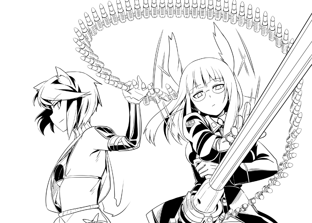 ningen (ningen96), heidimarie w. schnaufer, kuroe ayaka, strike witches, strike witches zero, world witches series, bad id, bad pixiv id, 2girls, ammunition, ammunition belt, animal ears, antennae, bullet, elbow gloves, glasses, gloves, greyscale, gun, head wings, hirschgeweih antennas, monochrome, multiple girls, short hair, weapon, wings