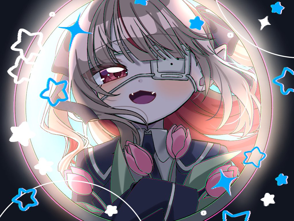 makaino ririmu, monitoring (vocaloid), nijisanji, commentary request, 1girl, backlighting, blazer, bloom, blue jacket, blue necktie, blue ribbon, blue sailor collar, blush, chestnut mouth, collared shirt, colored inner hair, eyepatch, fangs, flower, grey hair, hair intakes, hair ribbon, holding, holding flower, jacket, lapels, light smile, long hair, long sleeves, looking at viewer, medical eyepatch, multicolored hair, necktie, notched lapels, official alternate costume, official alternate hairstyle, open clothes, open jacket, pink flower, pink hair, pink streaks, pink tulip, pointy ears, portrait, pov peephole, red eyes, ribbon, ruruni24, sailor collar, school uniform, shirt, sidelocks, sleeves past fingers, sleeves past wrists, solo, sparkle, sparkling aura, standing, star (symbol), streaked hair, tulip, two-tone hair, two side up, virtual youtuber, white shirt