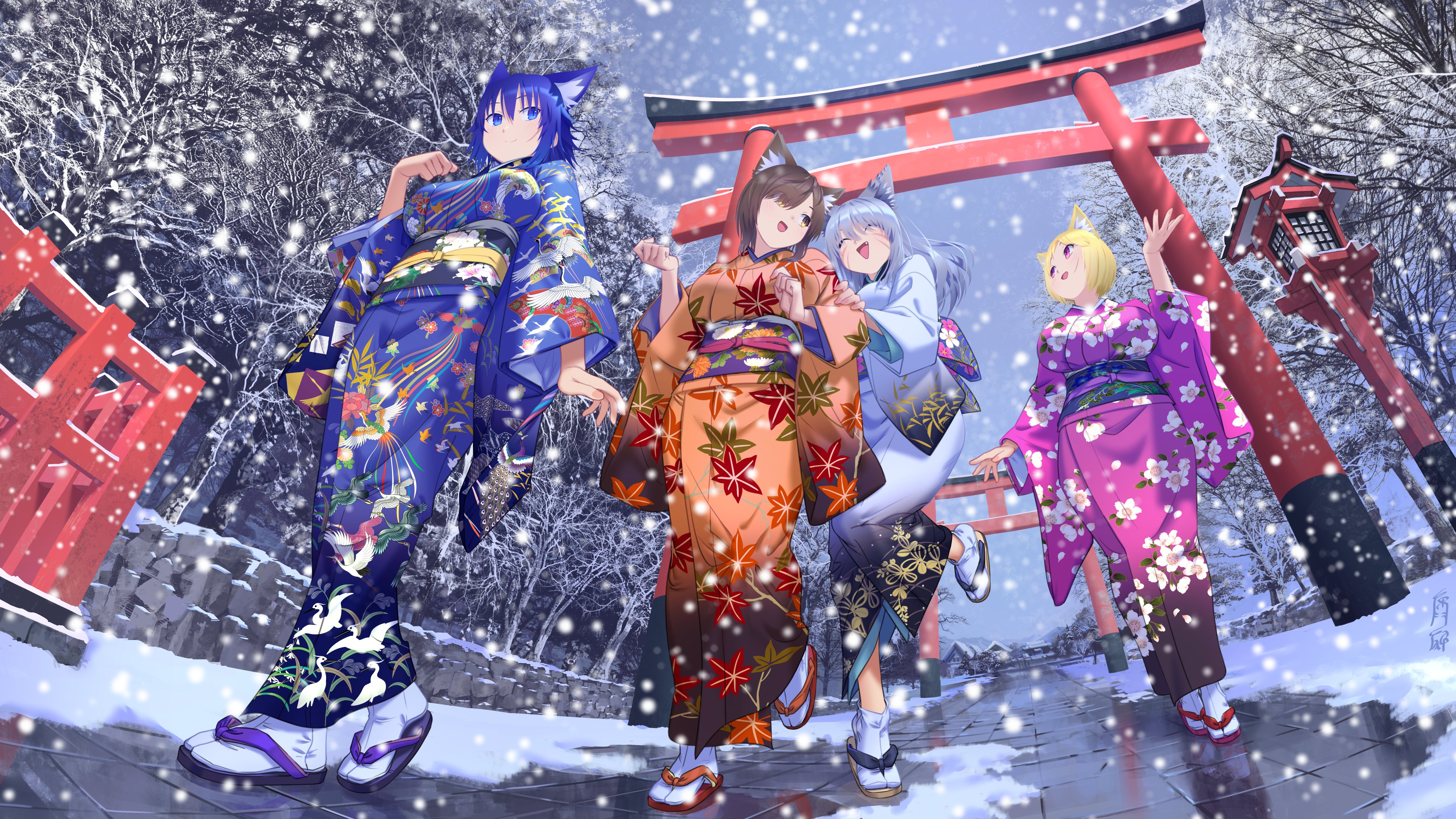 okuribi, original, absurdres, commentary request, commission, highres, skeb commission, 4girls, animal ears, blonde hair, blue eyes, blue hair, brown hair, cat ears, closed eyes, full body, grey hair, japanese clothes, kimono, long hair, looking at another, multiple girls, outdoors, print kimono, purple eyes, sandals, short hair, sky, snow, snowing, tabi, torii, walking, winter, zouri