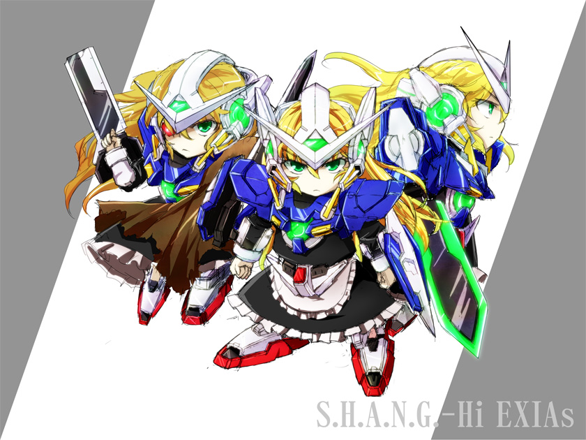mizukiri, exia, gundam exia, shanghai doll, gundam, gundam 00, touhou, bad id, bad pixiv id, 3girls, blonde hair, crossover, mecha, mecha musume, multiple girls, parody, robot, skirt, sword, weapon