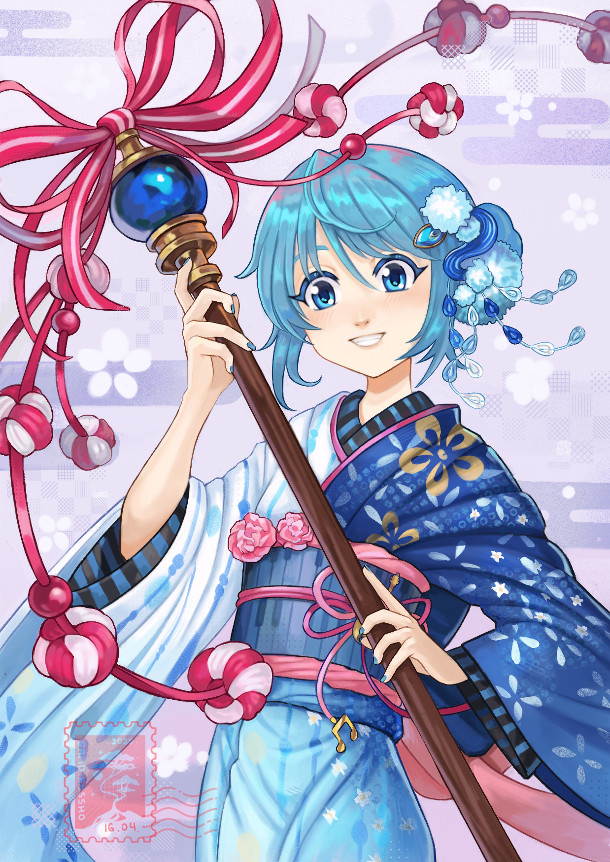 miki sayaka, miki sayaka (haregi ver.), magia record: mahou shoujo madoka magica gaiden, mahou shoujo madoka magica, highres, procreate (medium), 1girl, blue eyes, blue hair, blue kimono, blue nails, calligraphy brush, floral print, grin, hair bun, hair ornament, hand up, haregi, holding, holding calligraphy brush, holding paintbrush, japanese clothes, kimono, long sleeves, looking at viewer, obi, obijime, official alternate costume, oversized object, paintbrush, pom pom (clothes), pom pom hair ornament, purple background, sandkessho, sash, short hair, single side bun, smile, solo, teeth, upper body, waist ribbon, watermark, wide sleeves