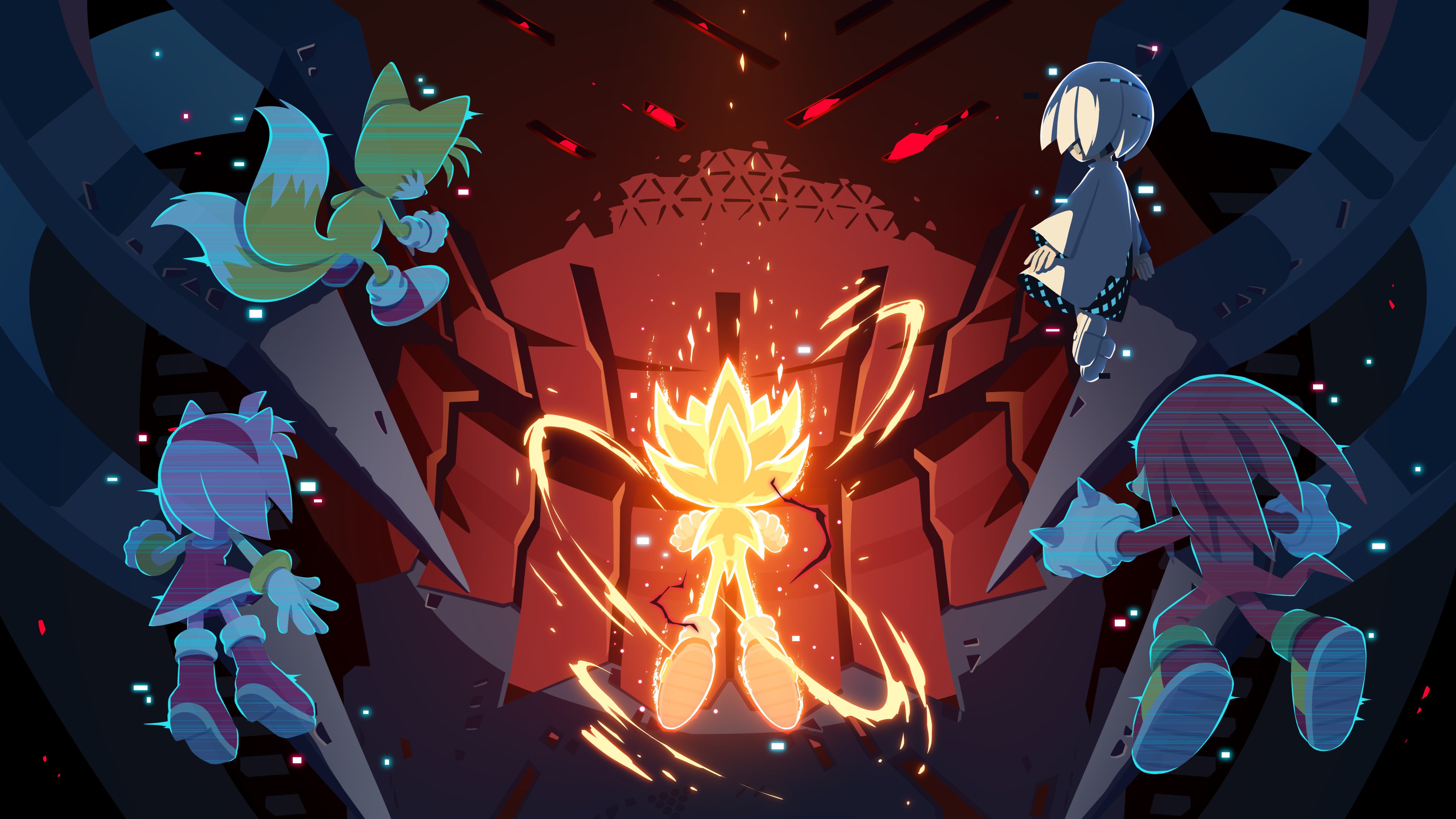 karasuno yui, amy rose, knuckles the echidna, sage (sonic), sonic the hedgehog, super sonic, supreme (sonic frontiers), tails (sonic), sonic (series), sonic frontiers, sonic frontiers: the final horizon, absurdres, commentary, english commentary, highres, 2girls, 3boys, aura, boots, dress, gloves, hologram, multiple boys, multiple girls, robot, shoes