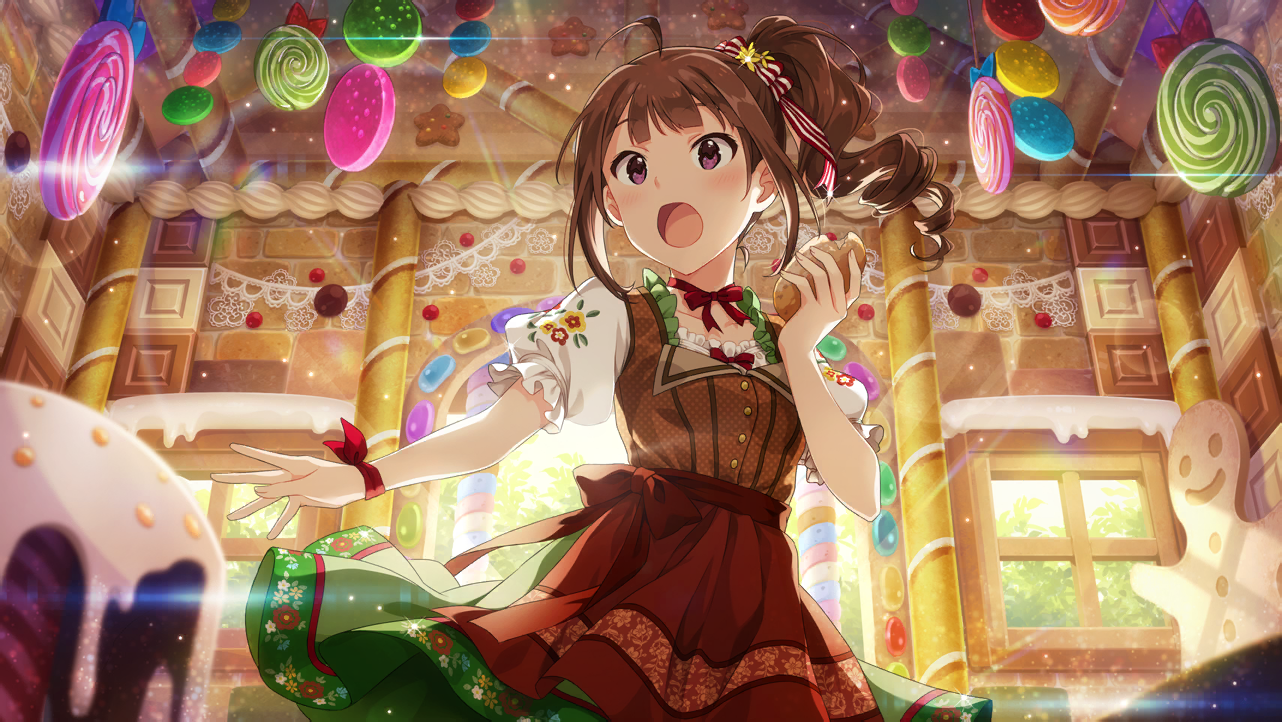 gretel (hansel and gretel), yokoyama nao, idolmaster, idolmaster million live!, idolmaster million live! theater days, game cg, official art, third-party source, 1girl, ahoge, apron, blouse, blunt bangs, bow, bowtie, brown hair, brown shirt, cake, candy, chocolate, chocolate cake, cookie, cosplay, day, drill hair, drill ponytail, floral print, floral print skirt, floral print sleeves, flower, food, gingerbread, gingerbread cookie, gingerbread house, green skirt, gretel (hansel and gretel) (cosplay), hair ribbon, high side ponytail, holding, holding bread, holding food, icing, indoors, jelly bean, lollipop, medium hair, oversized food, oversized object, print apron, print skirt, puffy short sleeves, puffy sleeves, purple eyes, red apron, red bow, red bowtie, red flower, ribbon, shirt, short sleeves, side drill, side ponytail, sidelocks, skirt, star-shaped cookie, star-shaped food, star (symbol), sweets, swirl lollipop, tree, wafer stick, white shirt, window, yellow flower