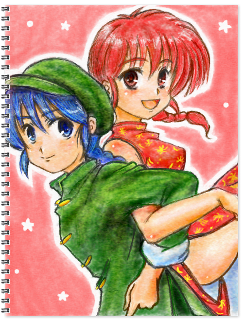 taka civic, ranma-chan, saotome ranma, ranma 1/2, bad id, bad pixiv id, 1boy, 1girl, blue eyes, blue hair, braid, china dress, chinese clothes, dress, genderswap, genderswap (mtf), hat, locked arms, oekaki, red eyes, red hair, star (symbol)