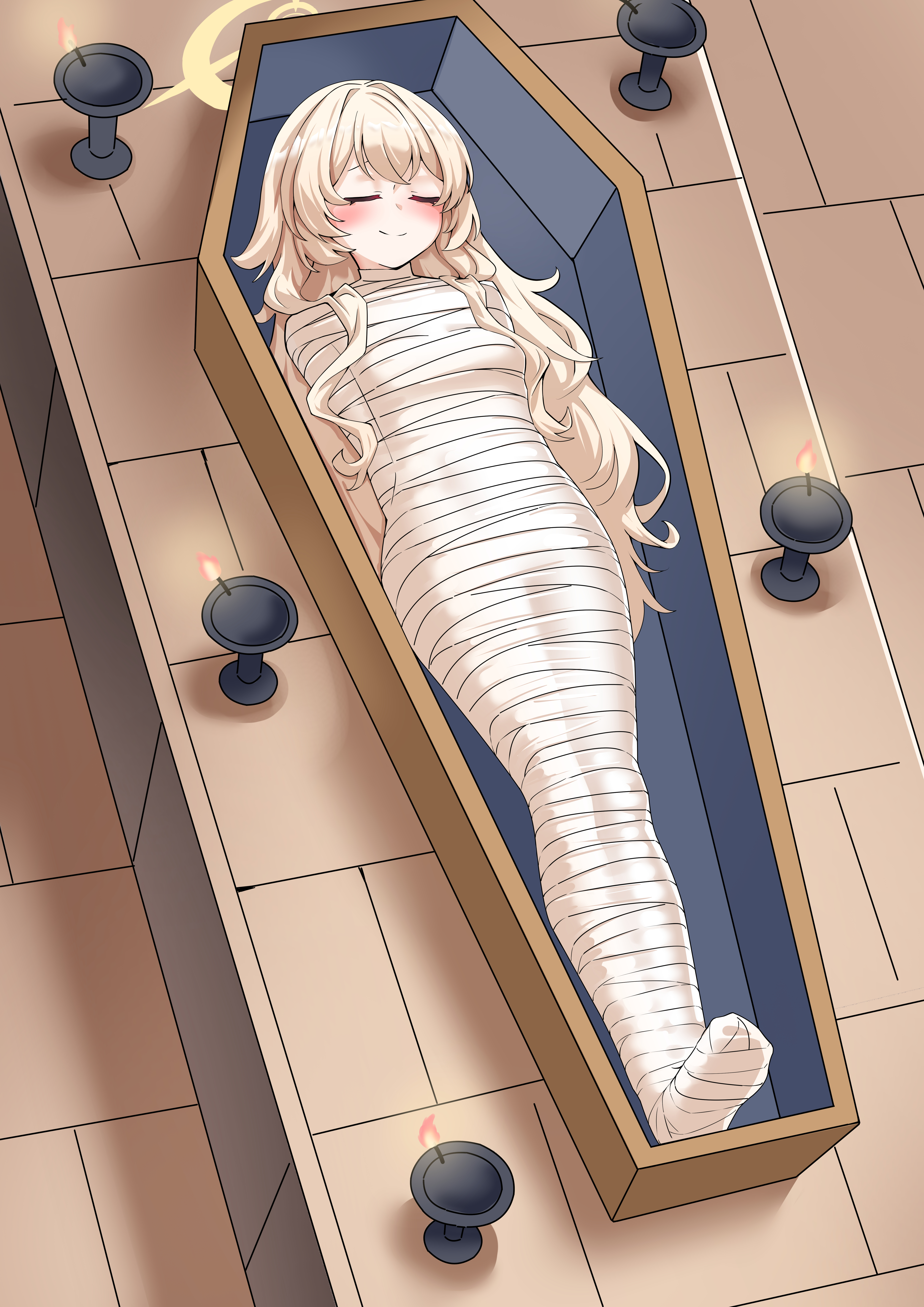 t zhonglang, professor niyaniya (blue archive), blue archive, absurdres, artist request, check artist, commentary request, highres, variant set, 1girl, arms behind back, blonde hair, bound, bound arms, bound legs, candle, closed eyes, coffin, halo, long hair, lying, mummification (bound), on back, smile, solo, very long hair, yellow halo