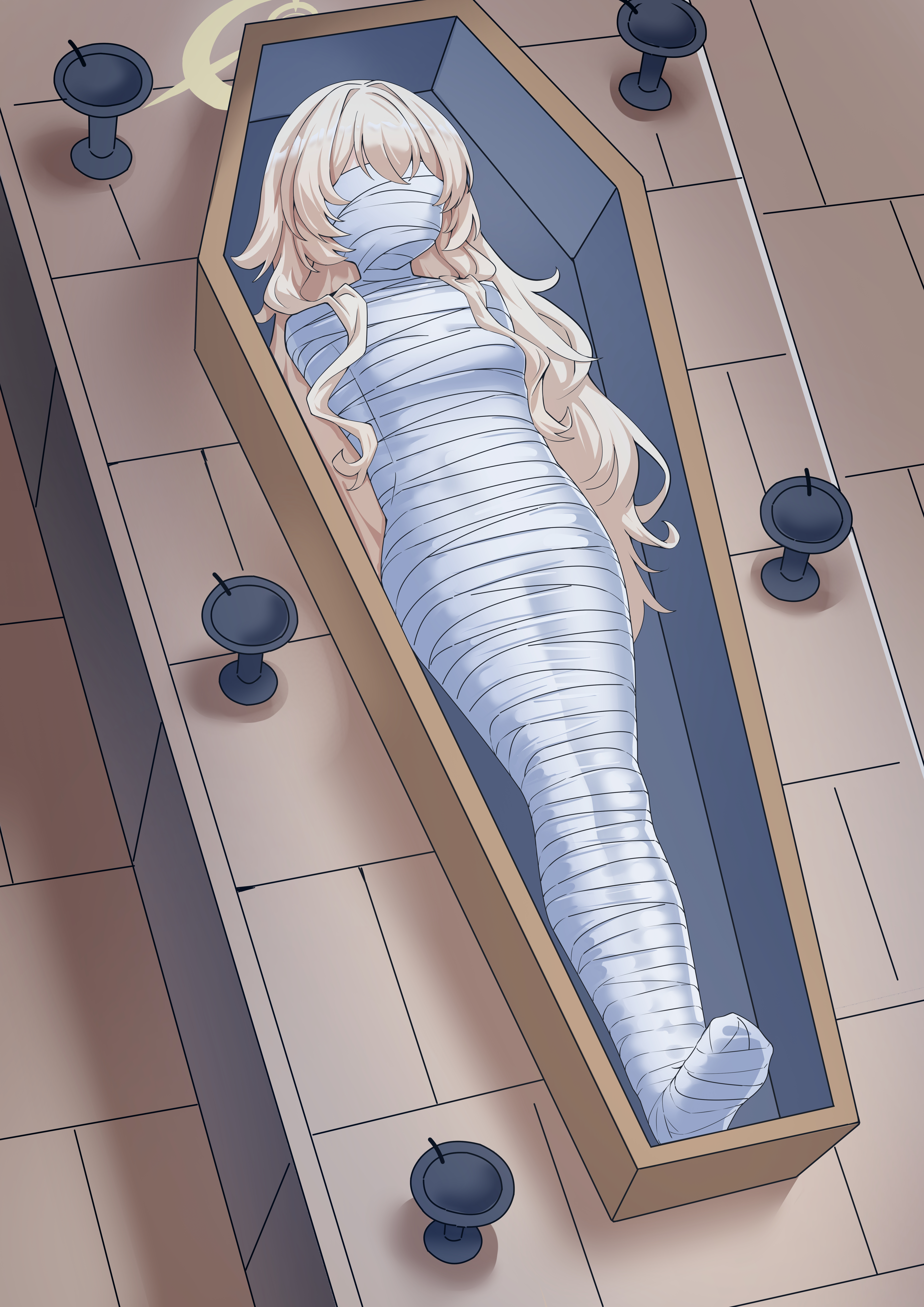 t zhonglang, professor niyaniya (blue archive), blue archive, absurdres, artist request, check artist, commentary request, highres, variant set, 1girl, arms behind back, blindfold, blonde hair, bound, bound arms, bound legs, candle, coffin, gagged, halo, long hair, lying, mummification (bound), night, on back, solo, very long hair, yellow halo