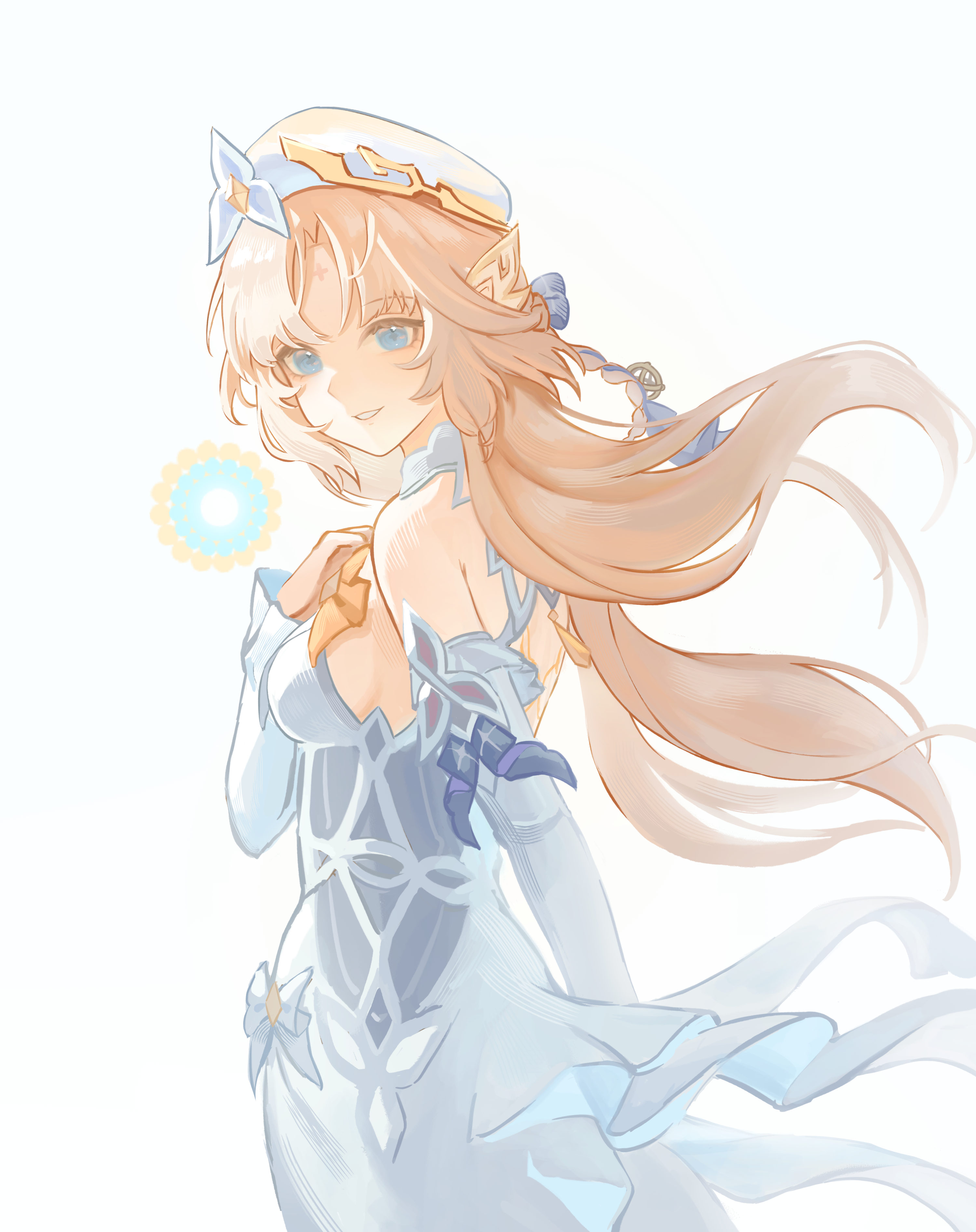 baccapy0806, nicole reeyn, genshin impact, absurdres, commentary, english commentary, highres, 1girl, backless dress, backless outfit, bare shoulders, beret, blonde hair, blue eyes, cross-shaped pupils, detached sleeves, dress, hat, long hair, looking at viewer, looking back, parted lips, simple background, smile, solo, symbol-shaped pupils, upper body, white background, white dress, white hat, white sleeves