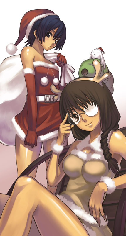 nagi ryou, fur, 2girls, bare shoulders, belt, blue eyes, blue hair, braid, brown eyes, brown hair, christmas, dress, elbow gloves, glasses, gloves, hair ornament, hat, long hair, multiple girls, sack, santa costume, santa hat, short hair, smile, wristband