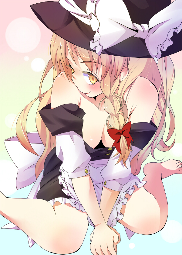 shie, shie (m417), kirisame marisa, touhou, bad id, bad pixiv id, 1girl, blonde hair, braid, breasts, cleavage, female focus, hat, long hair, medium breasts, solo, witch, witch hat, yellow eyes