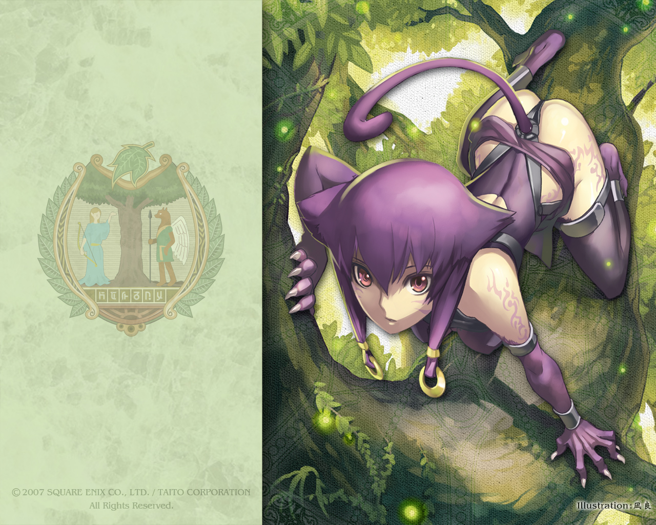 nagi ryou, murasaki no ude ayame, square enix, yuukyuu no sharin, official art, official wallpaper, 1girl, :o, all fours, animal ears, artist name, ass, back, back cutout, bare shoulders, bent over, breasts, cat ears, cat tail, claws, clothing cutout, dated, elbow gloves, facial mark, female focus, forest, from above, gloves, hair between eyes, hair ornament, leotard, light particles, looking at viewer, nature, open mouth, outdoors, pink eyes, purple eyes, purple hair, purple thighhighs, shadow, short hair, solo, tail, tattoo, thighhighs, thong leotard, tree, vambraces