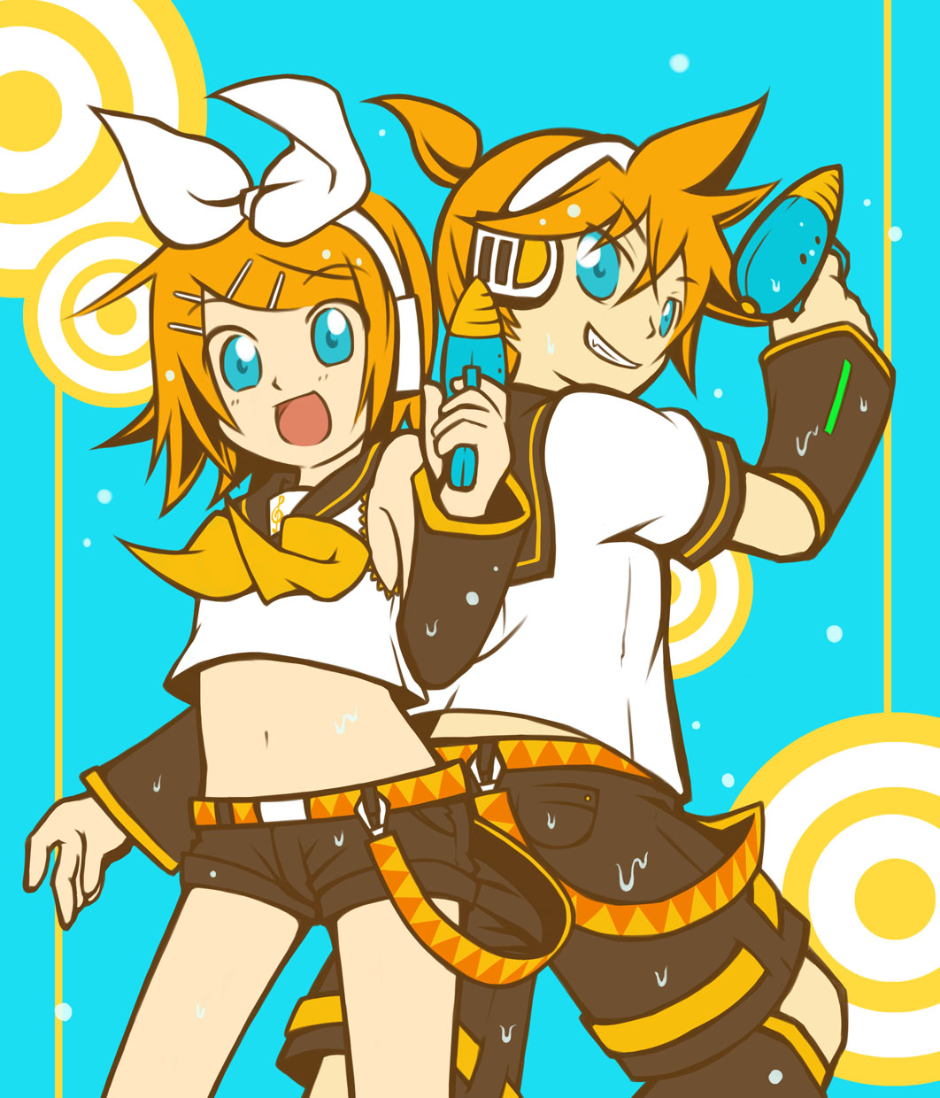 aoya, kagamine len, kagamine rin, vocaloid, highres, 1boy, 1girl, back-to-back, blonde hair, blue eyes, brother and sister, detached sleeves, grin, hair ornament, hair ribbon, hairclip, happy, headphones, ponytail, ribbon, short hair, short ponytail, shorts, siblings, smile, twins, water gun, wet