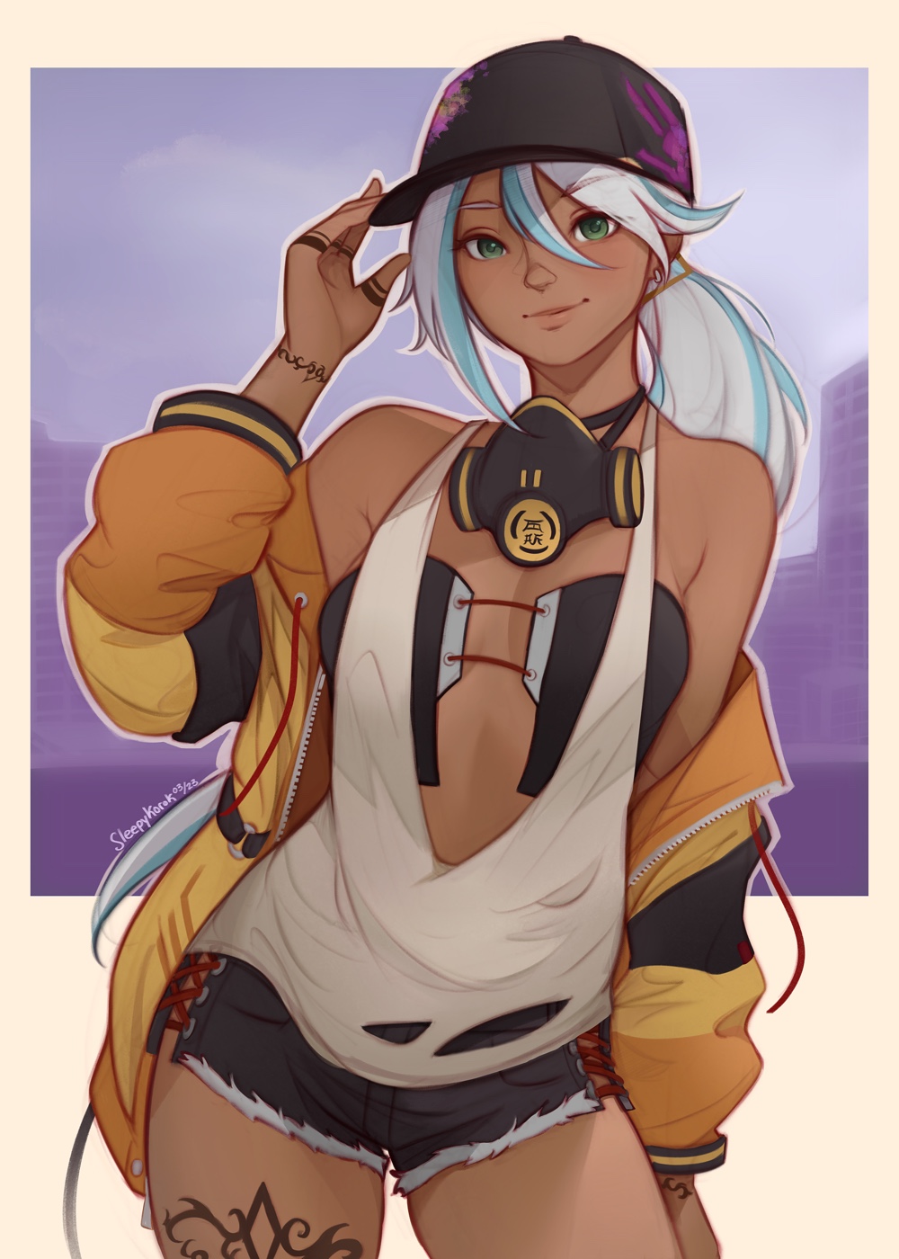 sleepy korok, isla (kof), the king of fighters, the king of fighters xv, commentary, english commentary, highres, 1girl, baseball cap, black hat, closed mouth, dark-skinned female, dark skin, green eyes, green hair, hat, jacket, leg tattoo, long hair, looking at viewer, multicolored hair, off shoulder, short shorts, shorts, smile, solo, tattoo, two-tone hair, white hair, yellow jacket