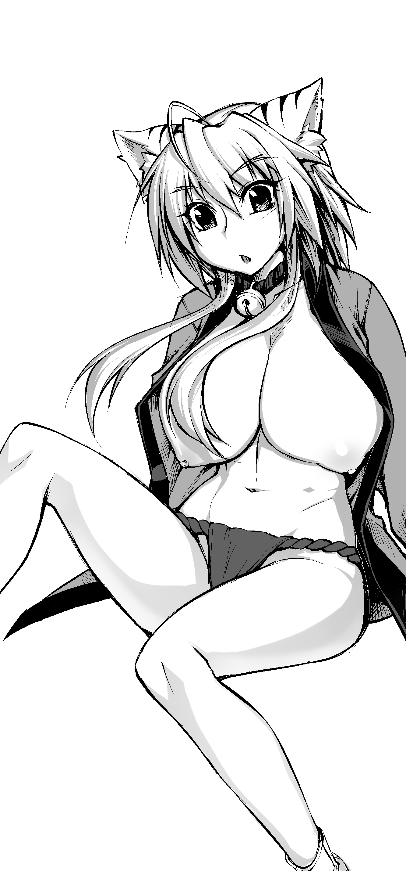 695 (mukuko), absurdres, bad id, bad pixiv id, highres, 1girl, ahoge, animal ears, bell, breasts, collar, fang, female focus, fundoshi, greyscale, huge breasts, japanese clothes, monochrome, navel, neck bell, open clothes, open shirt, shirt, short hair, solo, topless female