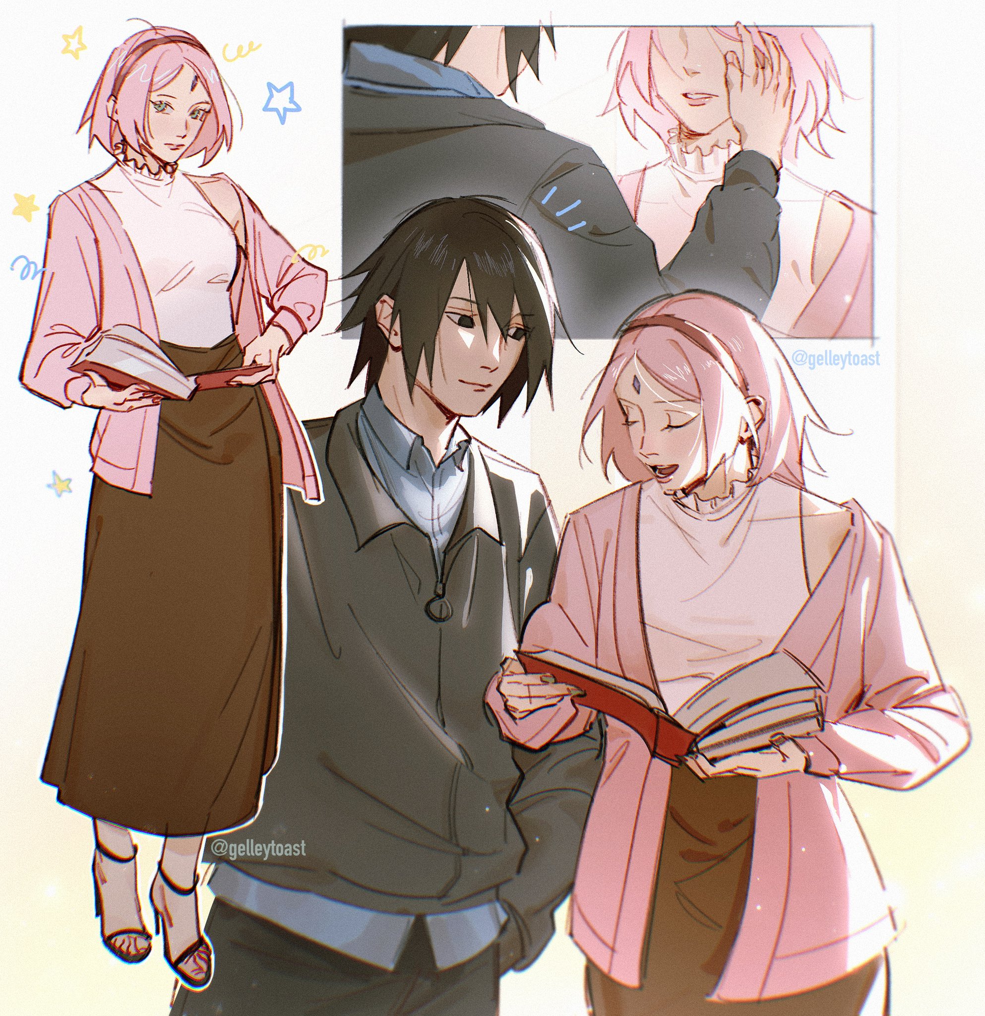 gelley j0, haruno sakura, uchiha sasuke, boruto: naruto next generations, naruto (series), commentary, english commentary, highres, 1boy, 1girl, black eyes, black hair, black pants, black sandals, blue shirt, book, brown skirt, cardigan, closed eyes, collared shirt, couple, facial mark, forehead mark, green eyes, grey shirt, hair between eyes, hairband, hand in another's hair, hetero, holding, holding book, long skirt, multiple views, open-toe shoes, open mouth, pants, parted lips, pink cardigan, pink hair, reading, red hairband, sandals, shirt, short hair, skirt, twintails, white shirt