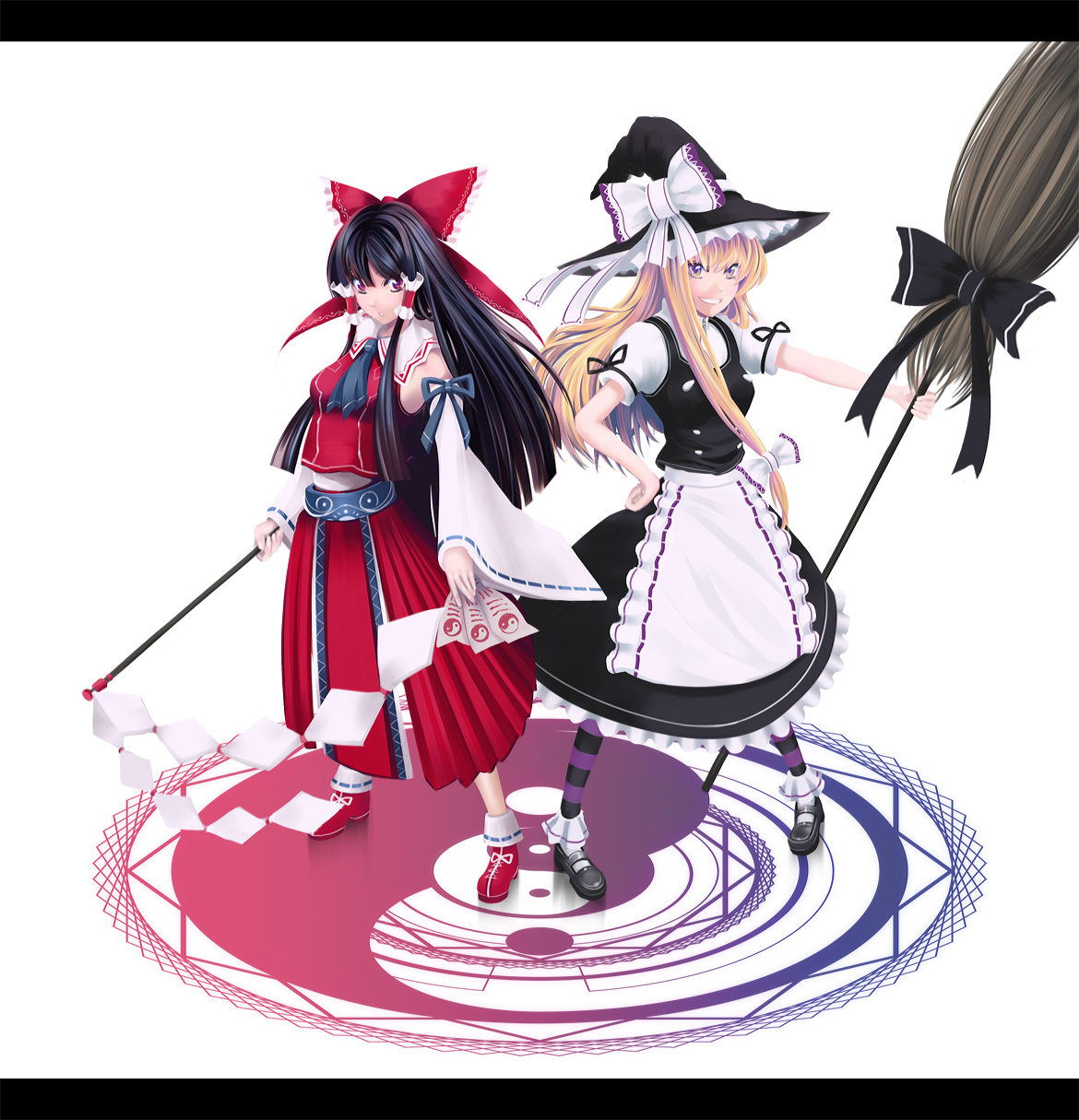sira-kura, hakurei reimu, kirisame marisa, touhou, bad id, bad pixiv id, highres, 2girls, black hair, blonde hair, bow, broom, detached sleeves, female focus, hair bow, hat, japanese clothes, letterboxed, long hair, miko, multiple girls, red eyes, witch, witch hat, yellow eyes