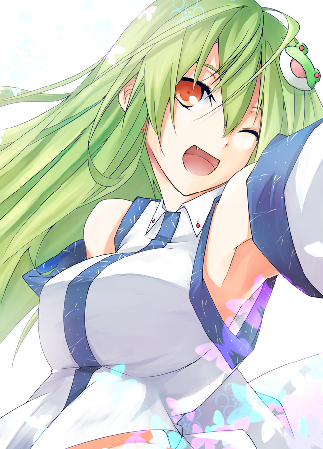 kinsenka, kochiya sanae, touhou, bad id, bad pixiv id, 1girl, armpits, bare shoulders, breasts, bug, butterfly, detached sleeves, fang, female focus, frog, green hair, hair ornament, large breasts, long hair, one eye closed, red eyes, solo, wink