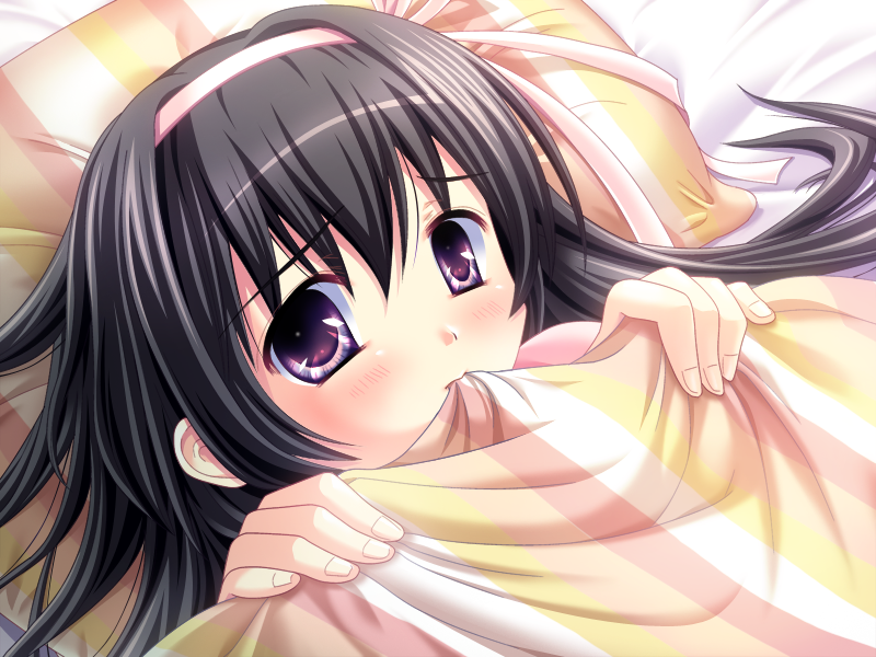 sapporo momoko, kamisaka wakaba, delta!, game cg, 1girl, bed sheet, black hair, blush, headband, looking at viewer, lying, mouth hold, on back, on bed, pillow, pink headband, purple eyes, sheet grab, solo, under covers, upper body