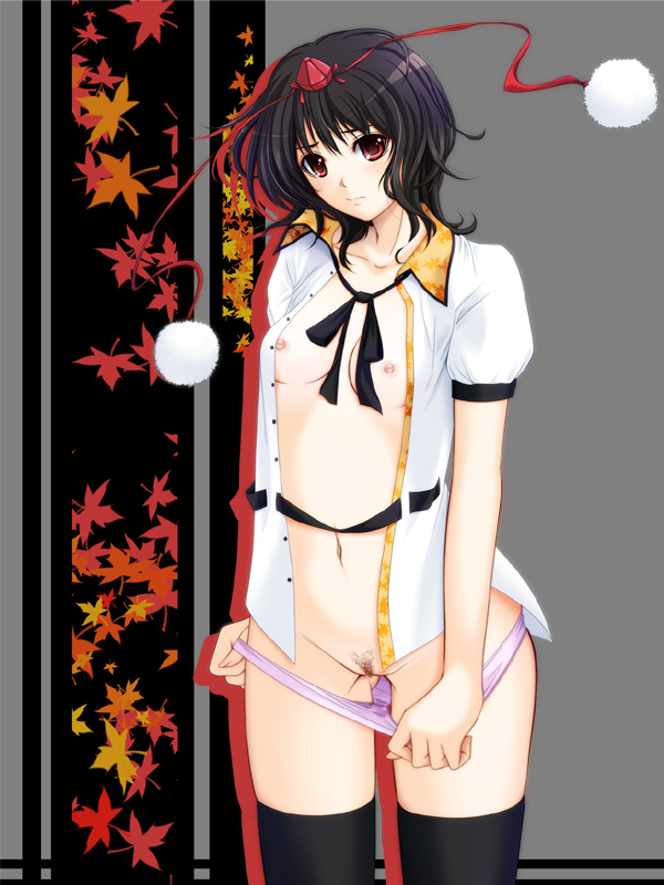 chiro, shameimaru aya, touhou, bad id, bad pixiv id, 1girl, black hair, black thighhighs, breasts, female focus, female pubic hair, flat chest, hat, looking at viewer, navel, neck ribbon, nipples, open clothes, open shirt, panties, panty pull, pubic hair, red eyes, ribbon, shirt, short hair, solo, standing, thighhighs, tokin hat, uncensored, underwear