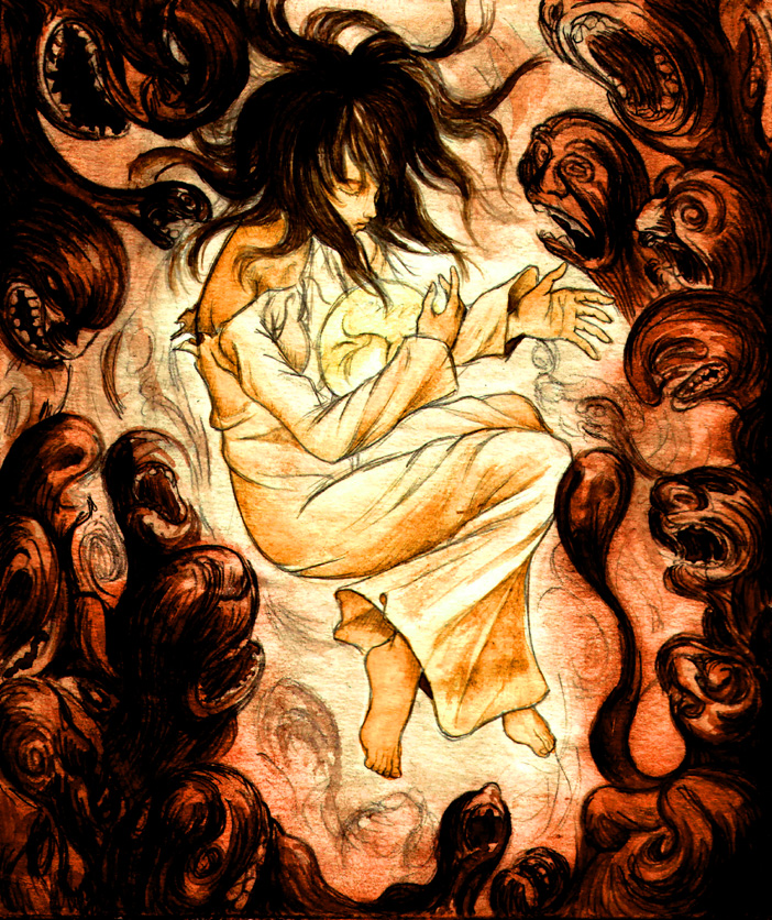 casca (berserk), berserk, 1990s (style), barefoot, black hair, closed eyes, dress, egg, from side, full body, long hair, off shoulder, retro artstyle, solo, torn clothes, torn dress