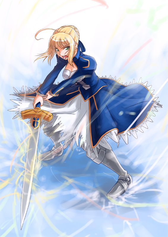 myp2, artoria pendragon (fate), saber (fate), fate/stay night, fate (series), 1girl, ahoge, blonde hair, dress, excalibur (fate/stay night), female focus, green eyes, ribbon, shouting, solo, sword, weapon, wind