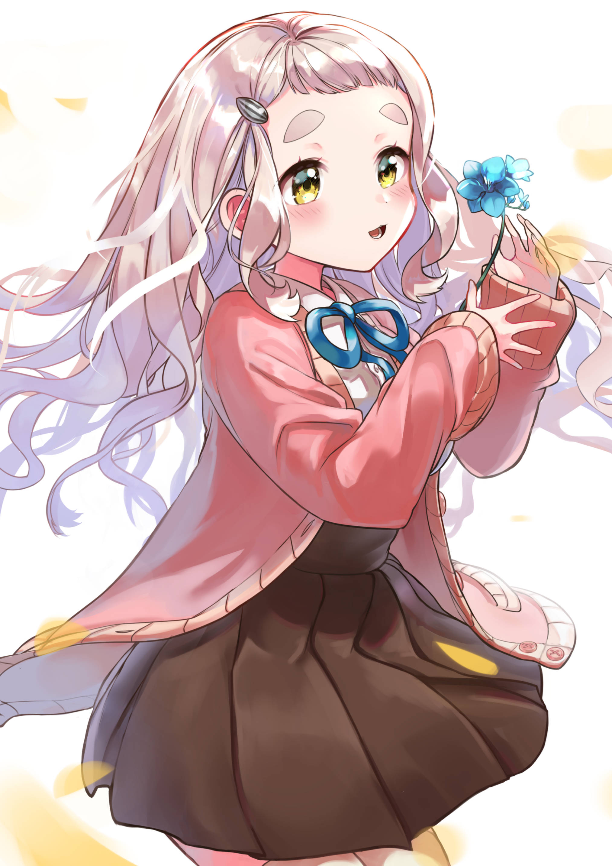 jyakku, machita chima, machita chima (1st costume), nijisanji, absurdres, commentary request, highres, 1girl, cardigan, collared shirt, falling petals, flower, hair ornament, hairclip, hands up, high-waist skirt, holding, holding flower, long hair, long sleeves, neck ribbon, open cardigan, open clothes, open mouth, petals, pleated skirt, ribbon, shirt, short bangs, skirt, sleeves past wrists, smile, solo, thick eyebrows, virtual youtuber, white hair, yellow eyes