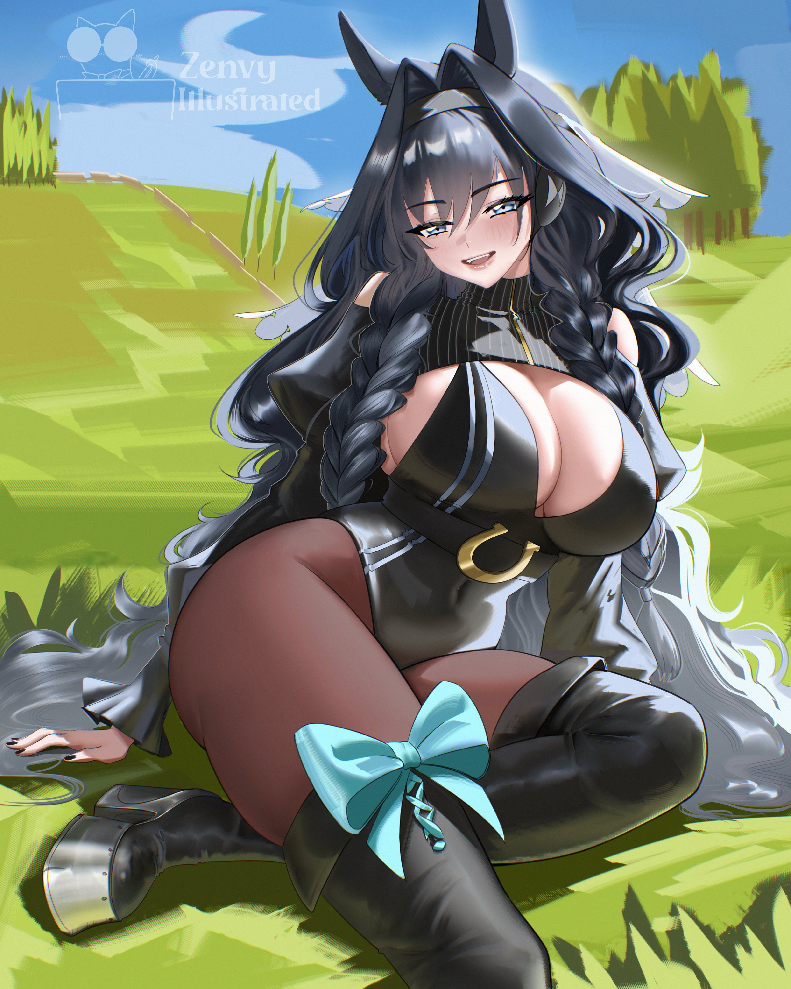 itszenvy, ouro kronii, hololive, hololive english, absurdres, commentary, english commentary, highres, 1girl, :d, animal ears, black boots, black hair, black leotard, black pantyhose, black shrug, blue eyes, boots, breasts, cleavage, clothing cutout, covered navel, day, hair flaps, hair intakes, headband, highleg, highleg leotard, horse ears, horse girl, huge breasts, juliet sleeves, leotard, long sleeves, looking at viewer, open mouth, outdoors, pantyhose, platform boots, puffy sleeves, shoulder cutout, shrug (clothing), sitting, smile, solo, thigh boots, veil, virtual youtuber, white veil