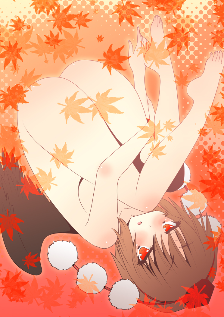 saki chisuzu, shameimaru aya, touhou, 1girl, ass, barefoot, black wings, blush, brown hair, completely nude, female focus, hat, leaf, looking at viewer, maple leaf, nude, red eyes, short hair, solo, tokin hat, upside-down, wings