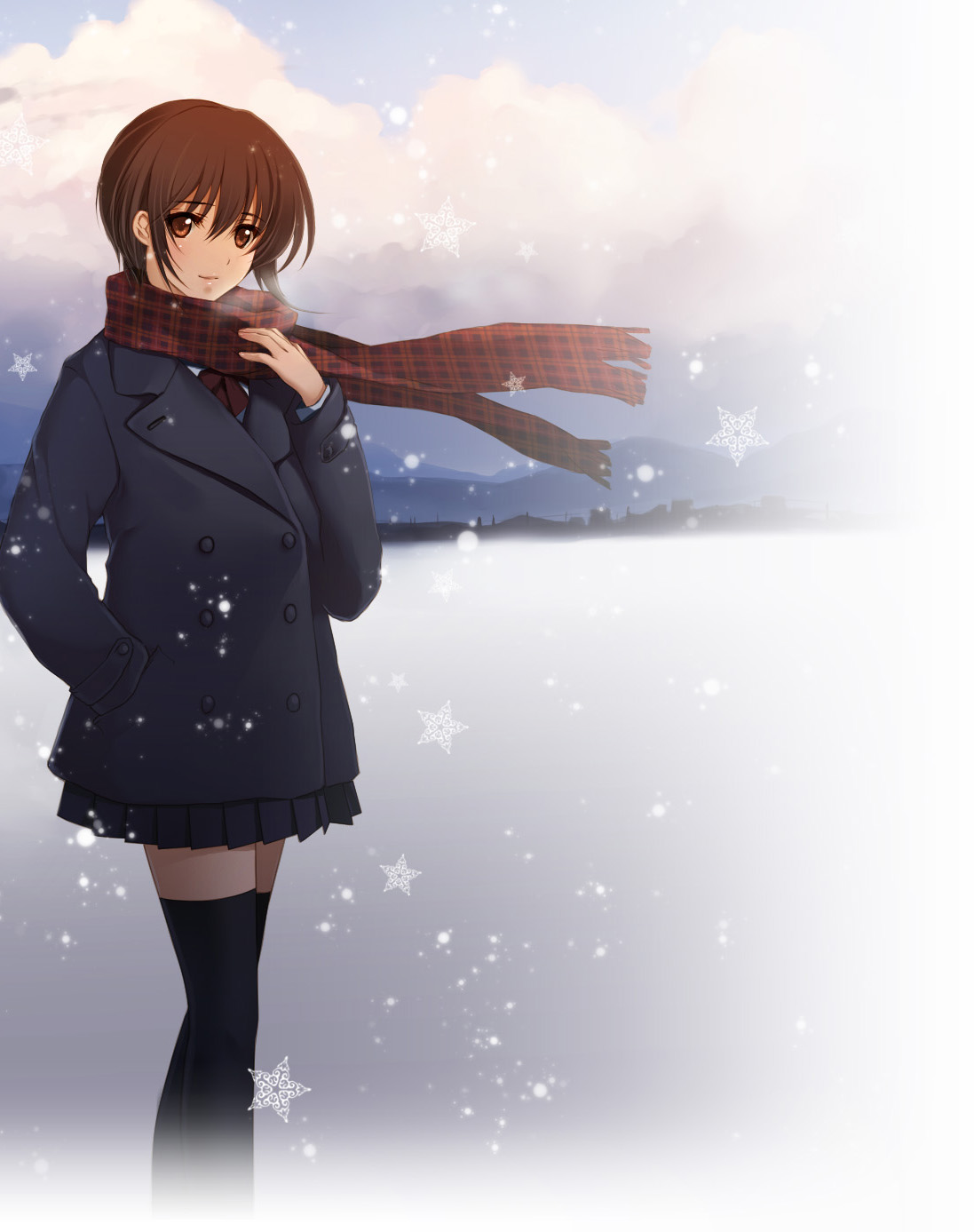 koizumi amane, original, highres, 1girl, black pantyhose, black thighhighs, brown hair, cloud, coat, female focus, hand in pocket, orange eyes, outdoors, pantyhose, plaid clothes, plaid scarf, scarf, short hair, skirt, sky, smile, snow, snowflakes, solo, standing, thighhighs